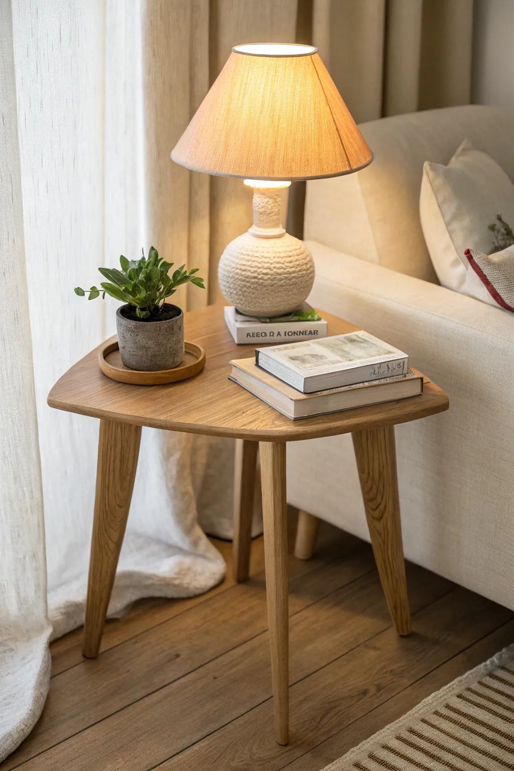 A cozy reading-corner moment: lamp glow, one plant, and a tidy book stack on your table.