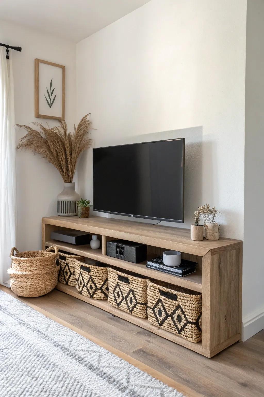 Corner TV shelf with woven baskets—hide controllers and cables while keeping a calm, chic vibe.
