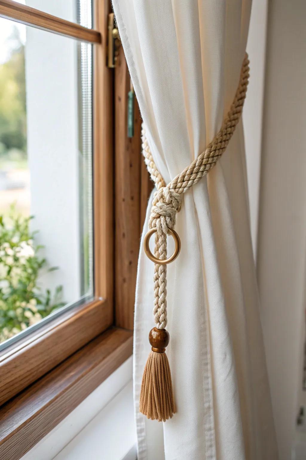 Handmade corner tie-back gathers linen neatly, framing the view and saving precious space.