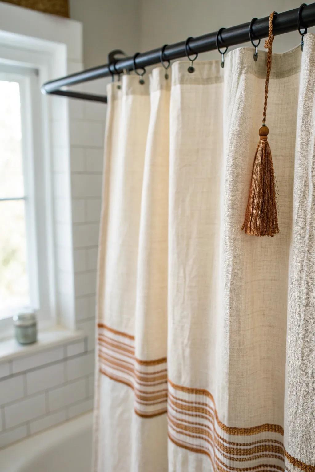 Swap plastic for a soft linen shower curtain—instant warmth and cozy, boutique bathroom vibes.