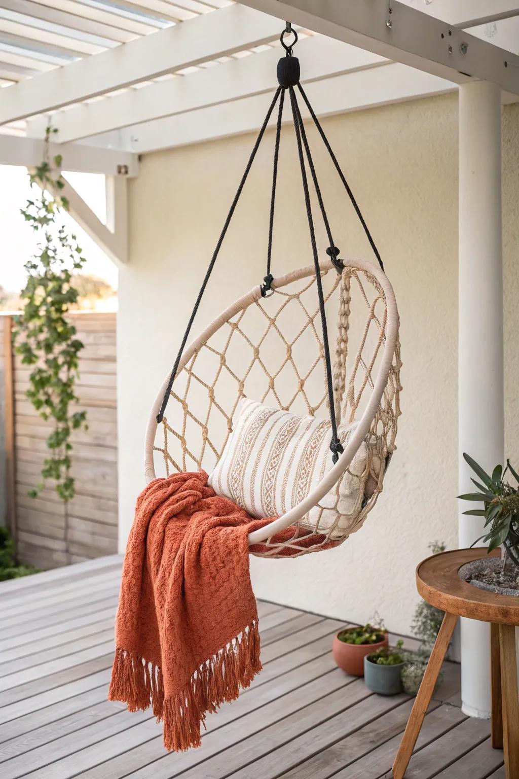 A macramé hanging chair adds instant cozy deck vibes—without taking up floor space.
