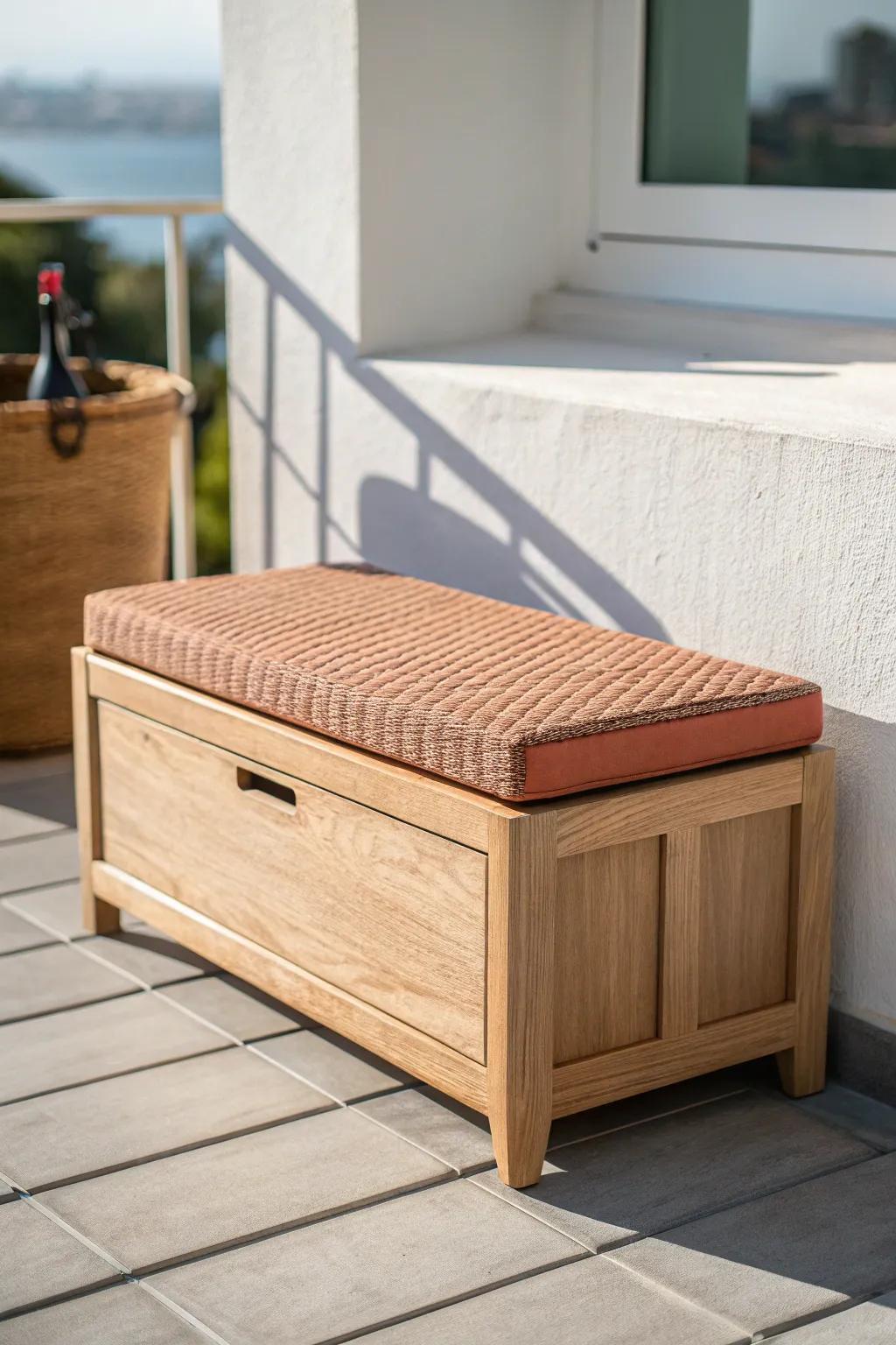 A chic storage bench that hides blankets and garden bits—small balcony calm, not clutter.