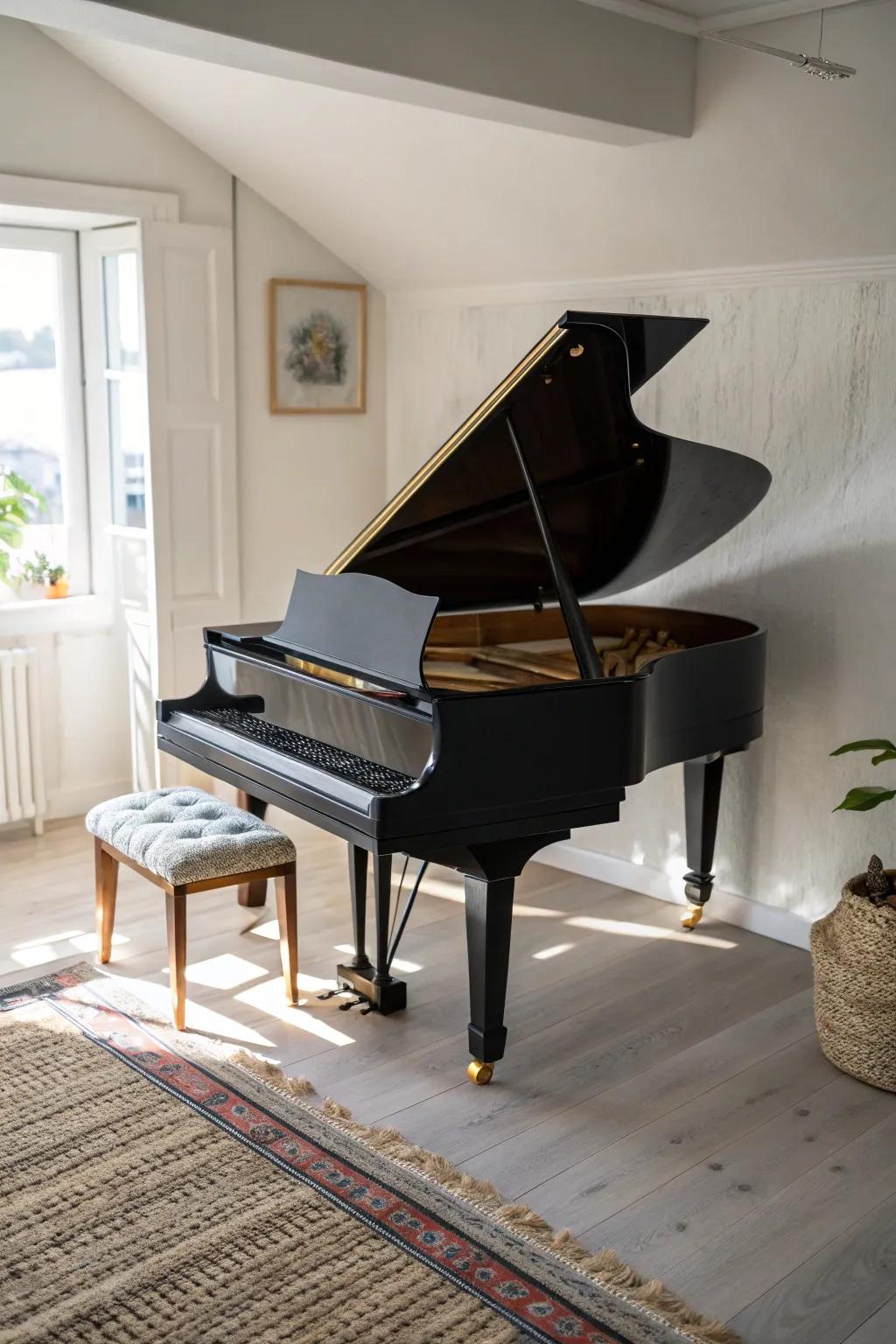 Angle a baby grand into the corner to open up precious floor space—cozy and chic.