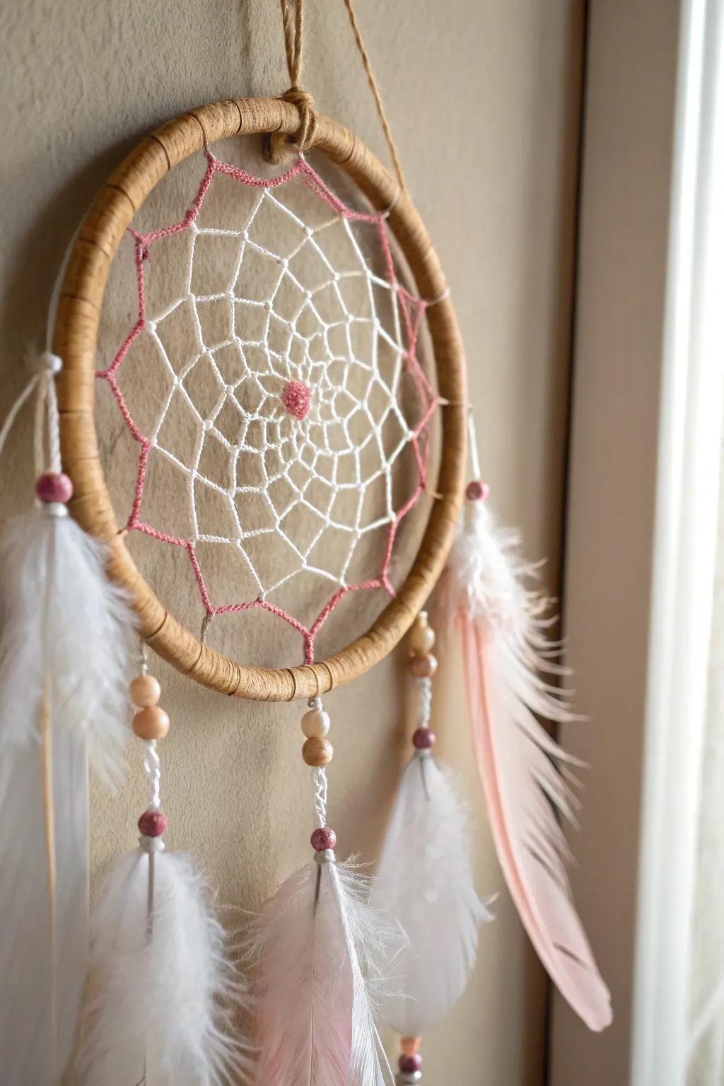 Capture tranquility with a handcrafted dreamcatcher that blends minimalist elegance with bohemian flair.