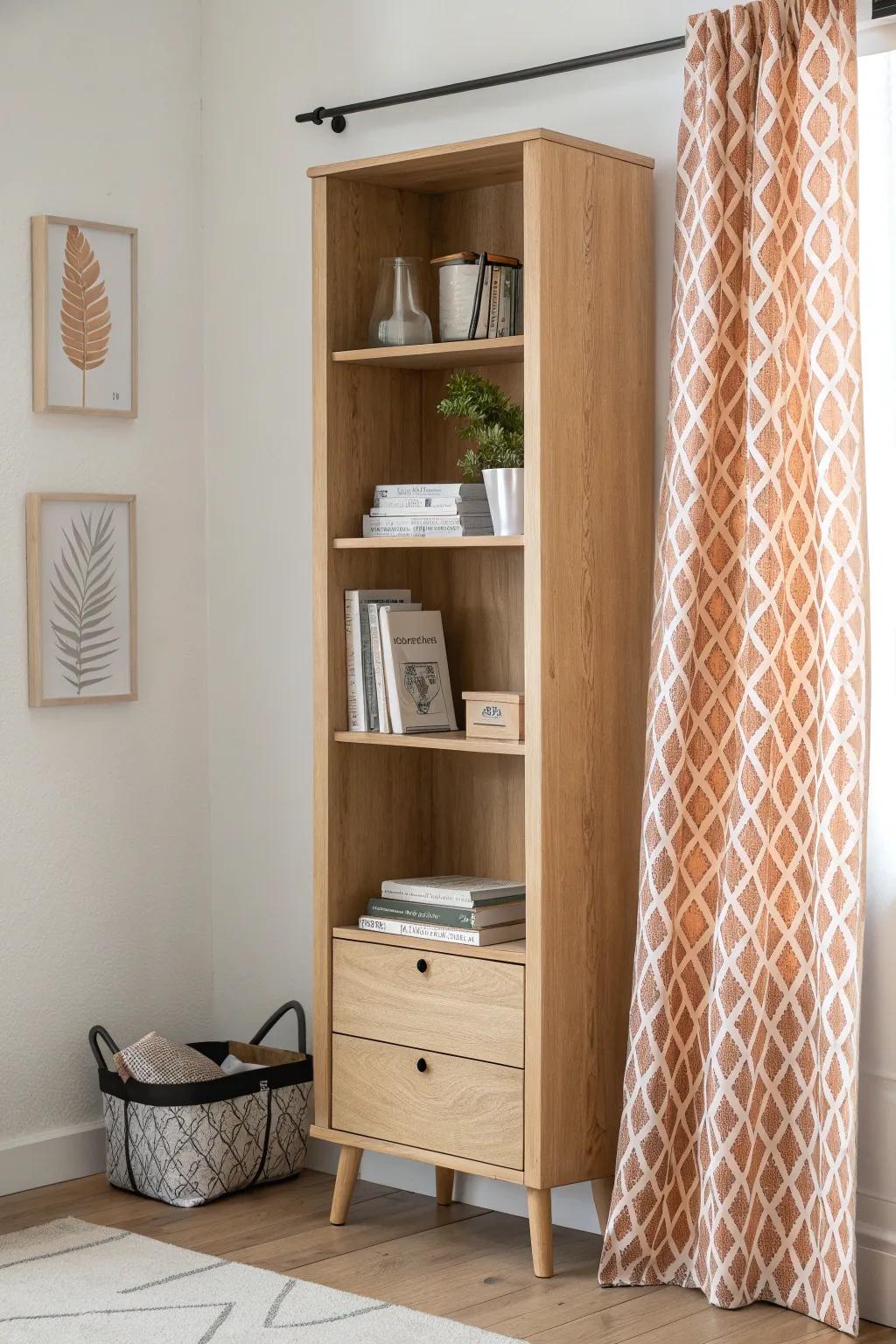A soft patterned curtain turns a small bookshelf into calm, clutter-free storage with style.
