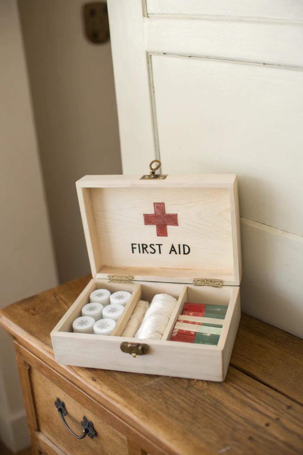 A labeled cigar box makes a chic mini first-aid kit—compact, organized, and easy to grab.