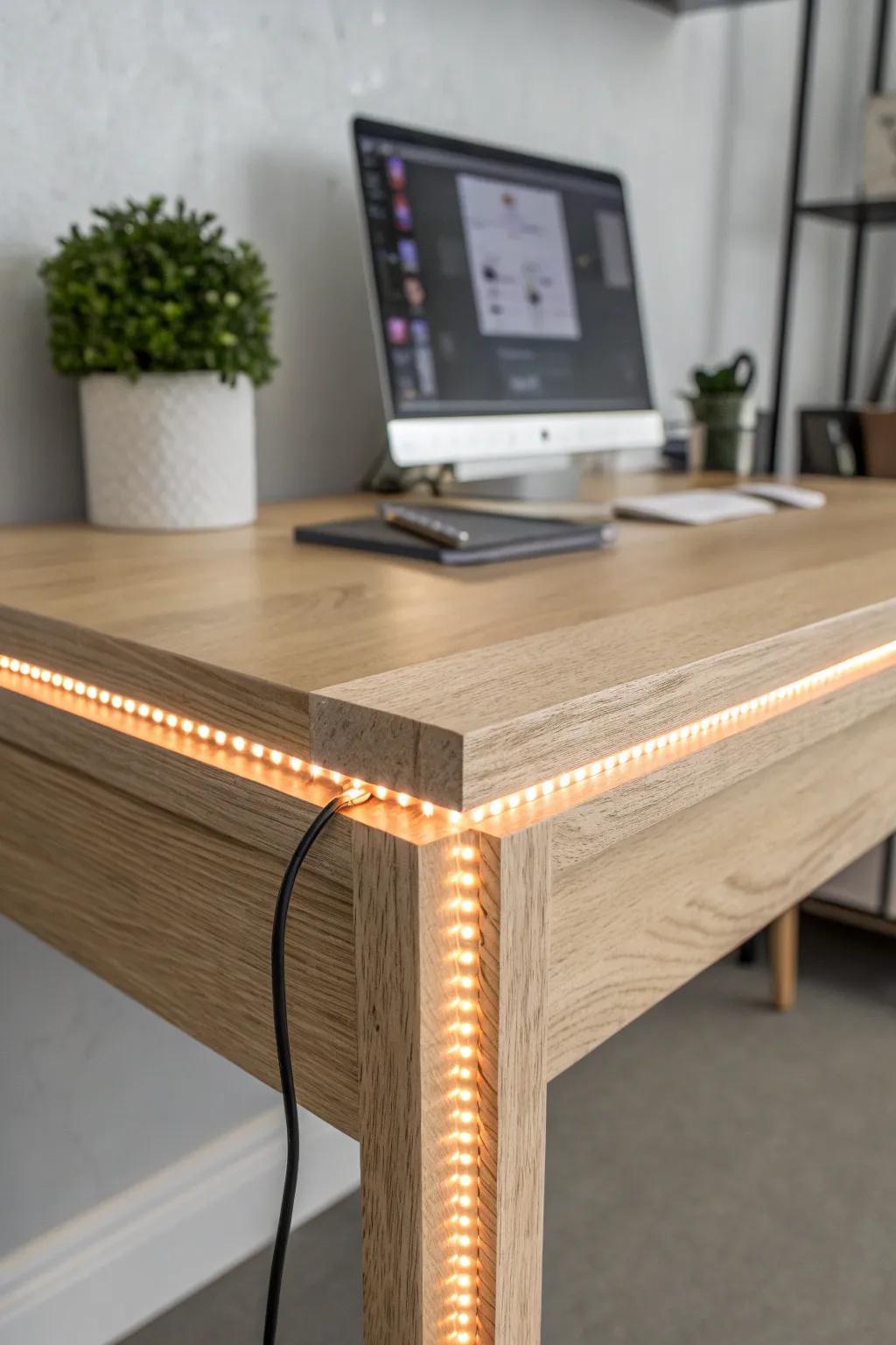 Outline your cubicle desk with an adhesive LED rope for instant depth and after-hours glow.