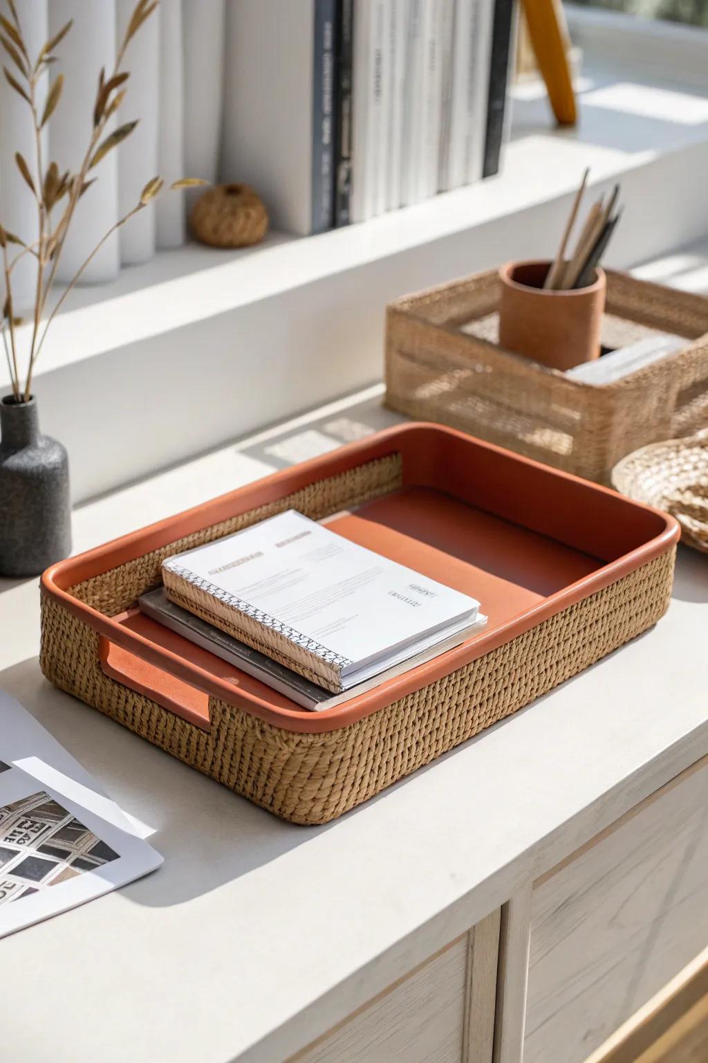 An end-of-day inbox tray keeps stray papers in one place—clear desk, calmer mind.
