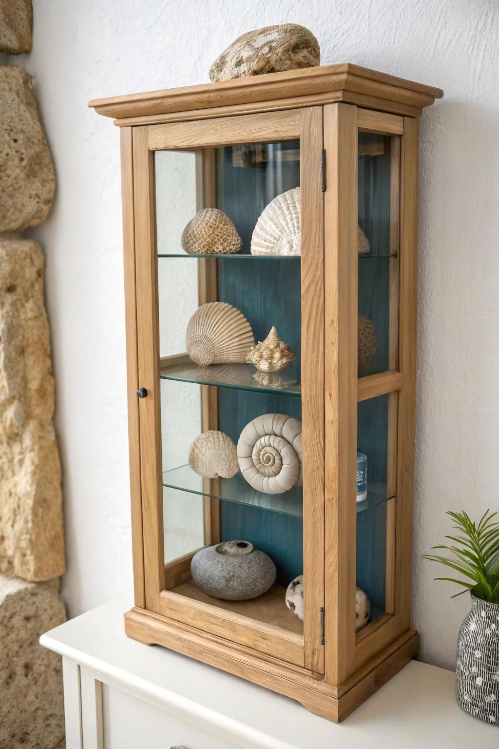 Minimalist ocean specimen cabinet with shells and beach stones—creamy neutrals against deep sea blue.