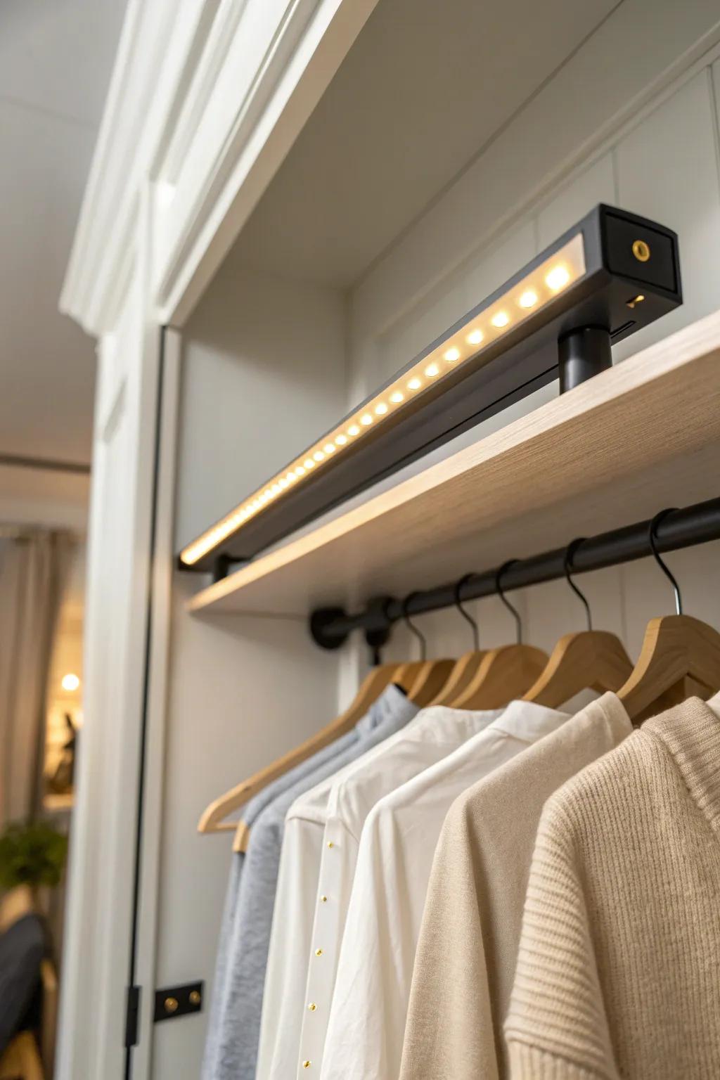 A slim LED bar turns a tiny closet into a bright, boutique-style dressing room in seconds.