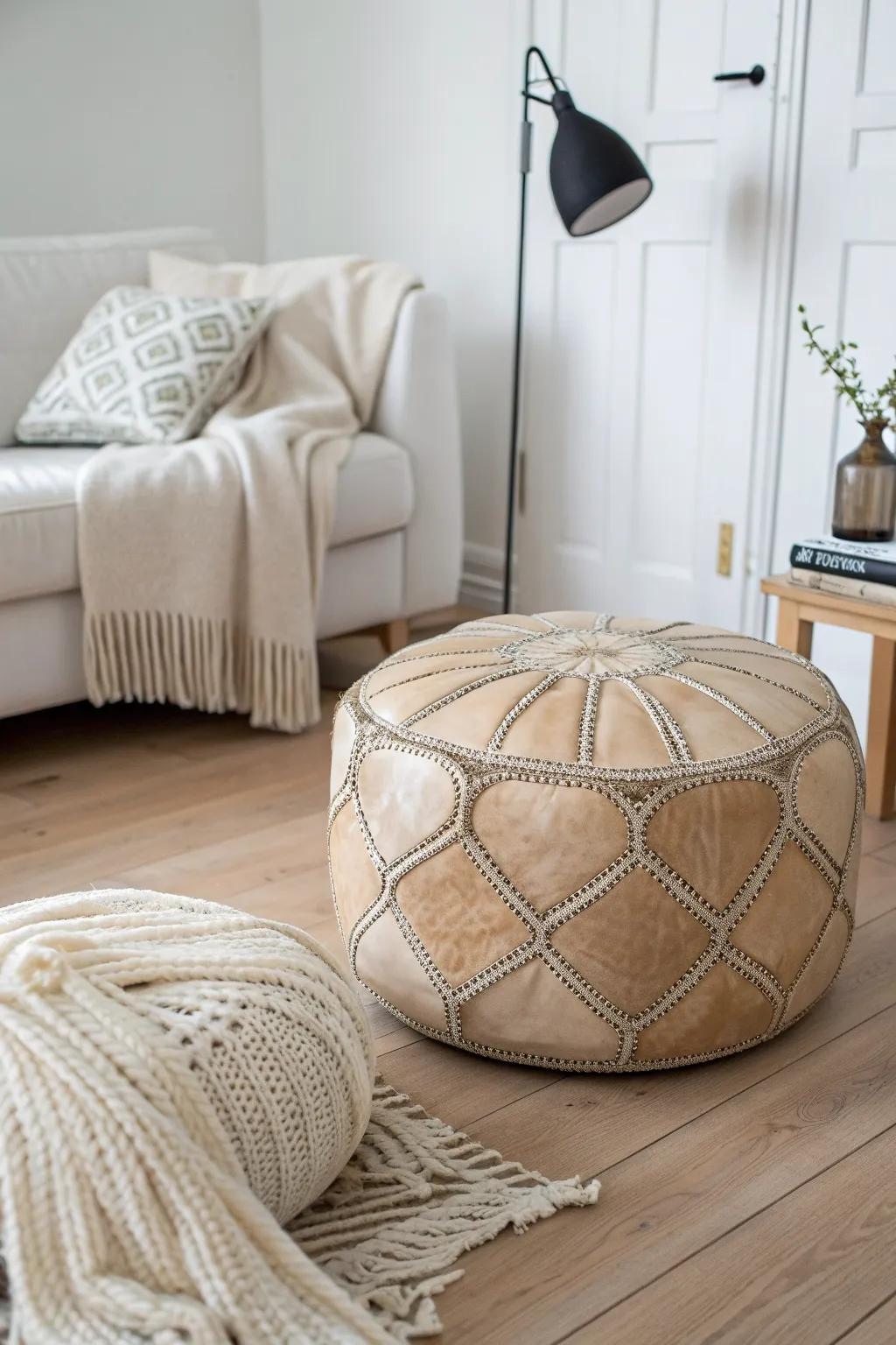 Swap a bulky coffee table for a cozy pouf—softer vibes, extra seating, zero clutter.