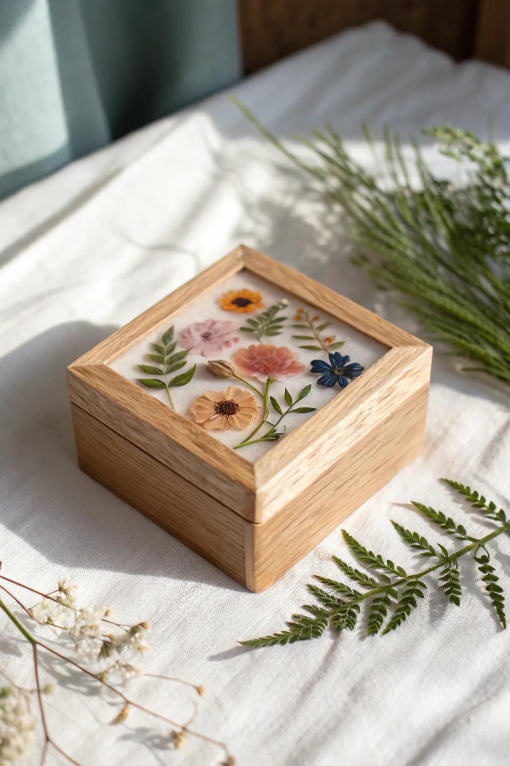 Pressed flowers sealed under glossy resin make a simple wooden box look delicate and luxe.
