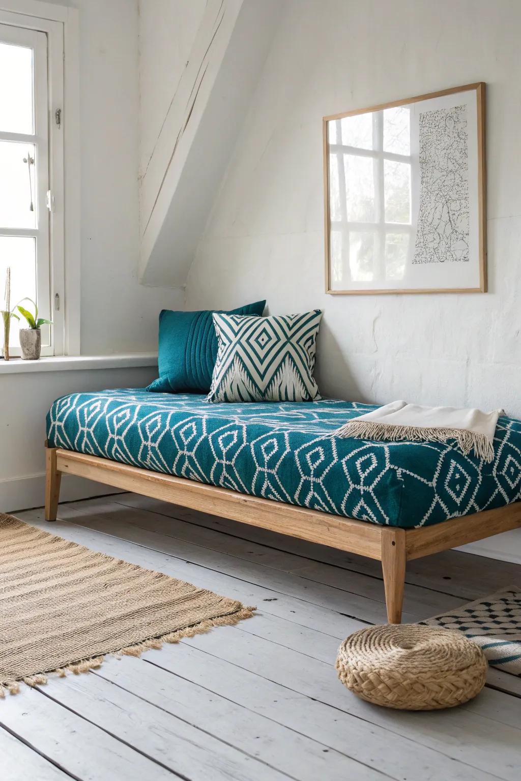 Make your daybed the statement: bold patterned bedding + one matching accent pillow.