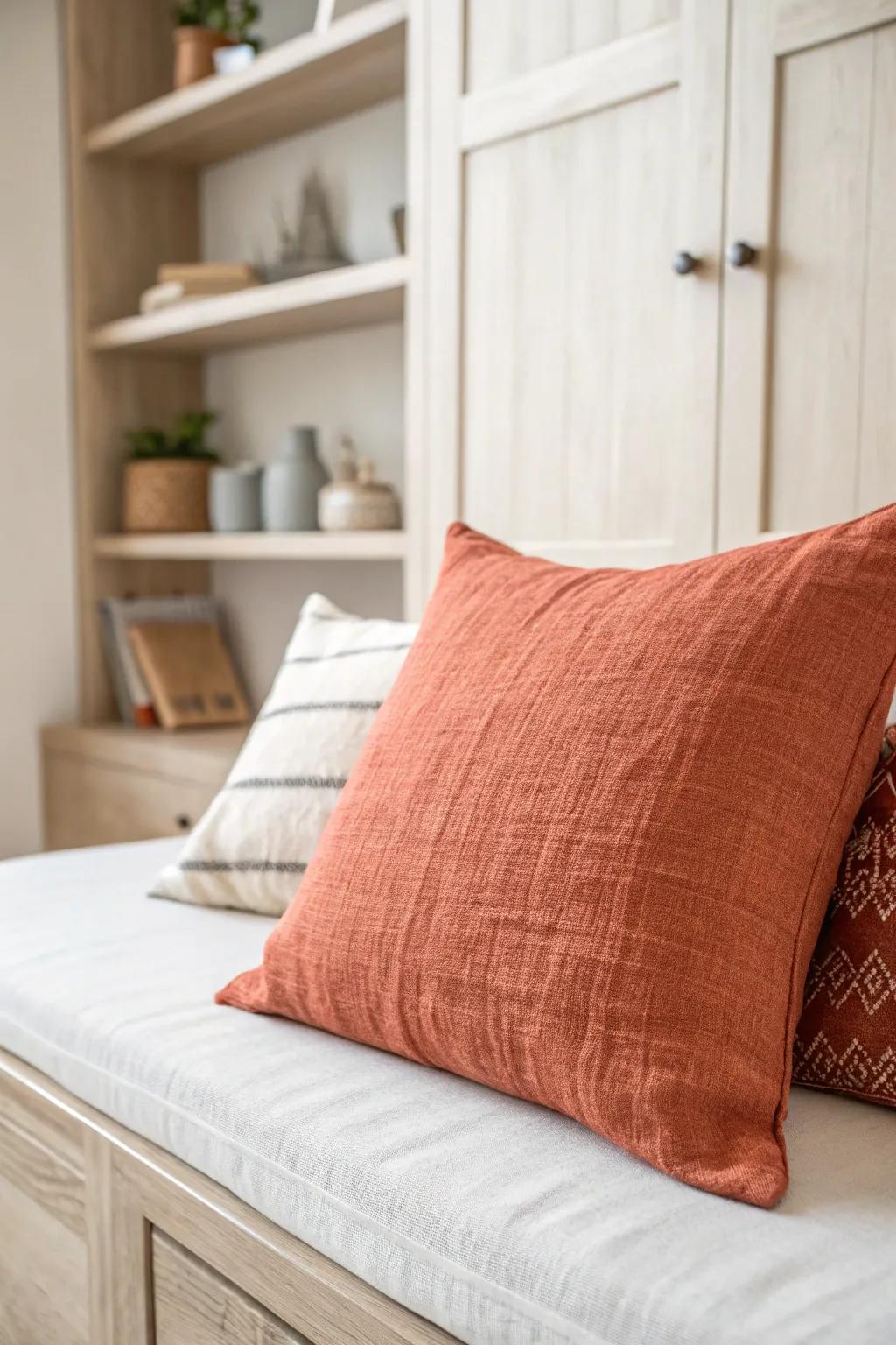 A single slubby-weave pillow that matches your built-ins makes the whole daybed look custom.