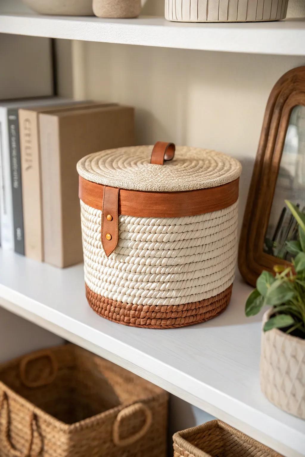 A chic lidded box on built-ins hides tiny clutter while keeping shelves calm and beautiful.