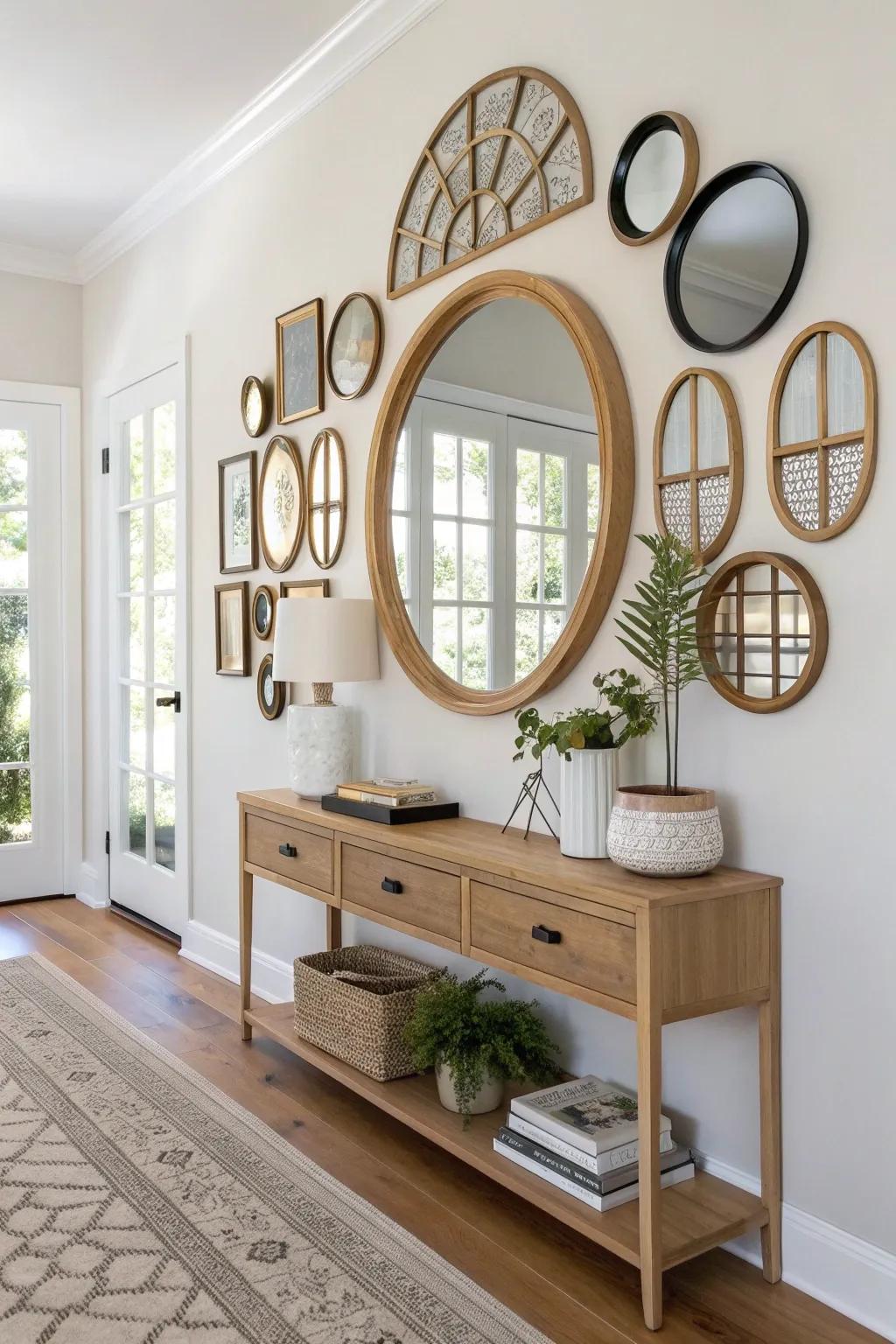 Mirror gallery wall magic: mix shapes and finishes to add depth, light, and style.