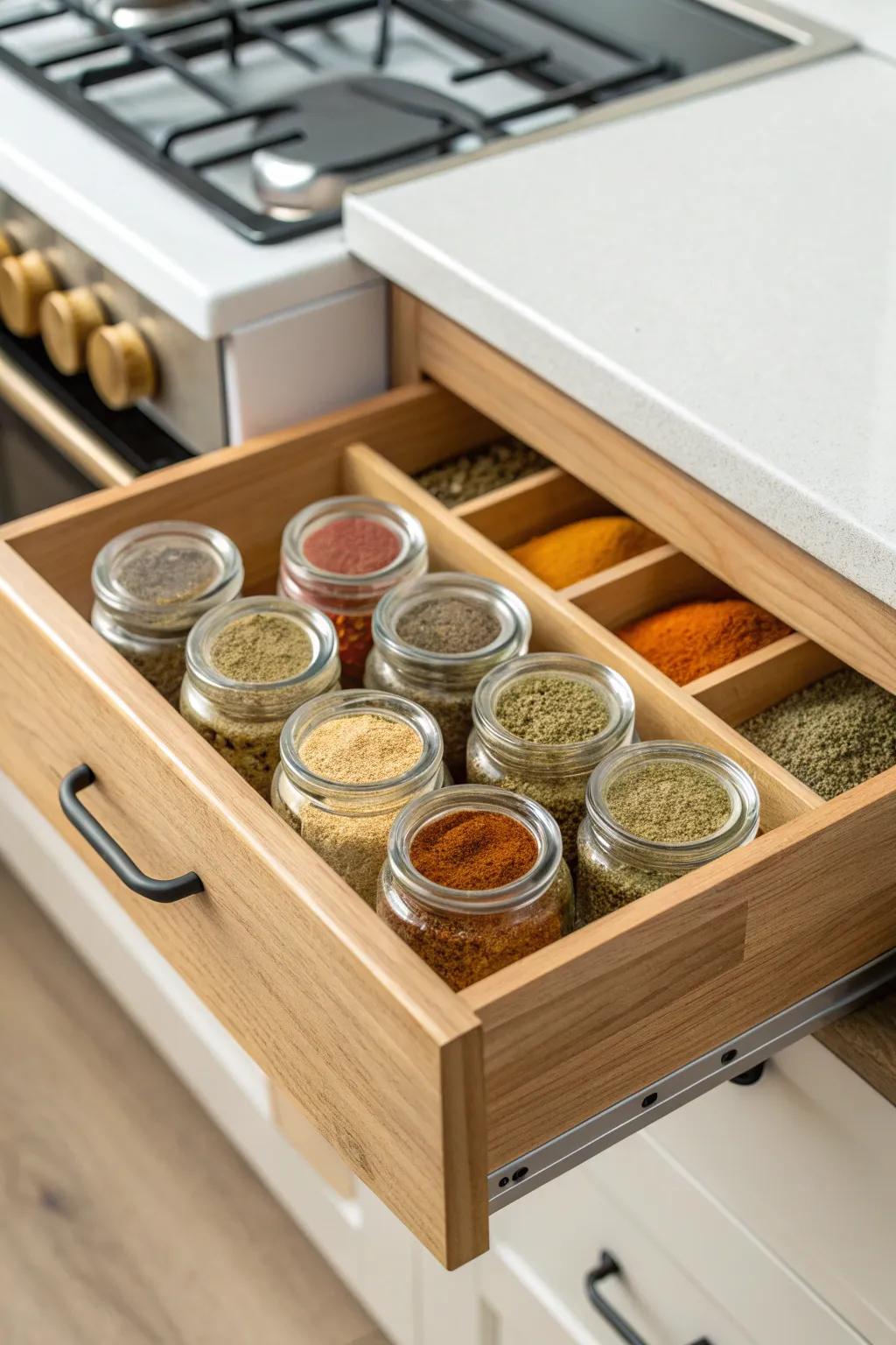 No more lost spices—this tiered drawer riser keeps every jar visible, even in the back.