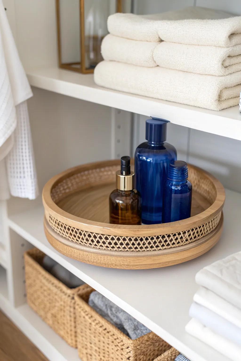 Spin, don’t dig—this chic turntable tray makes deep linen-closet corners instantly reachable.
