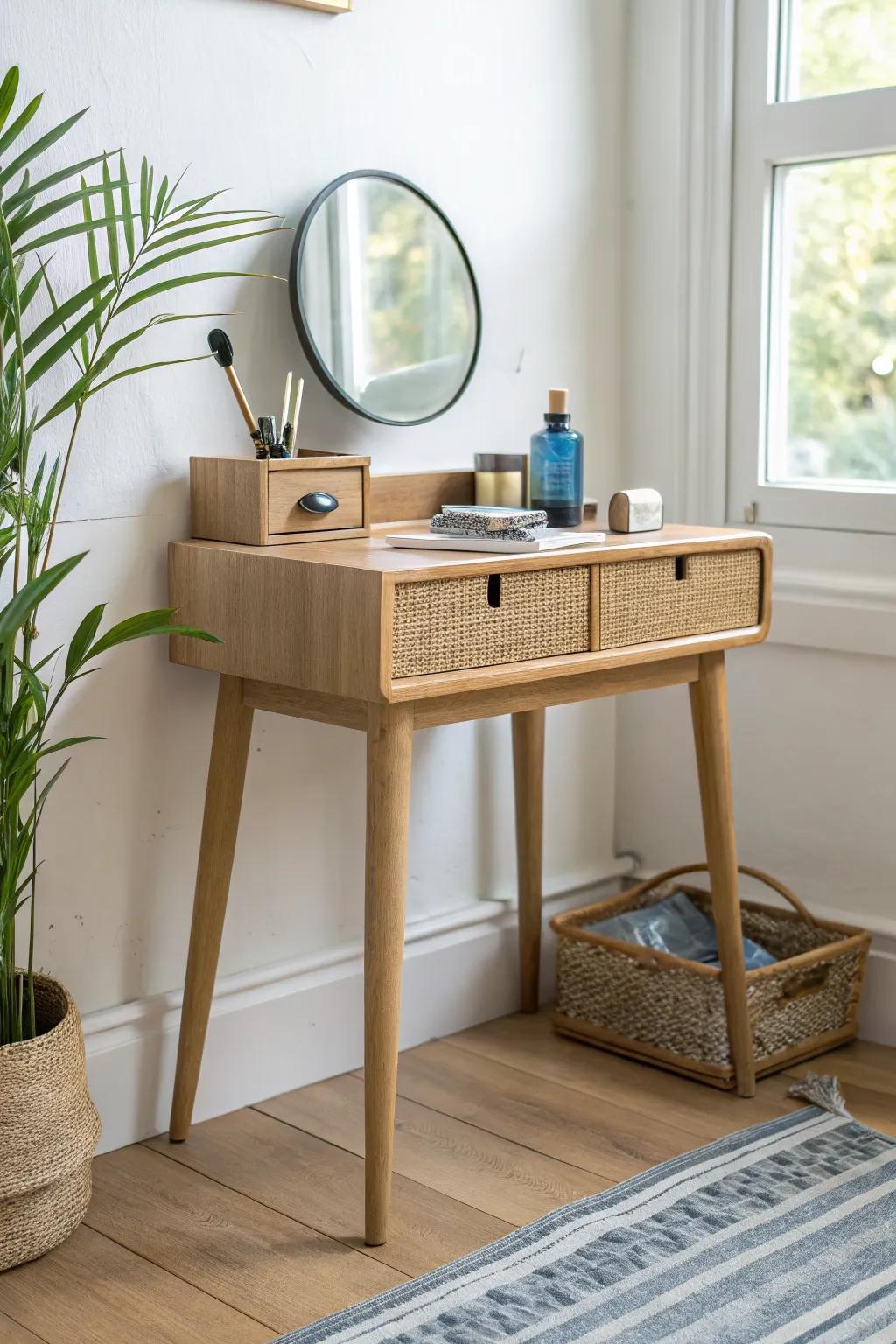 Nightstand-height micro vanity desk: minimal oak + bold tray keeps makeup and emails effortless.