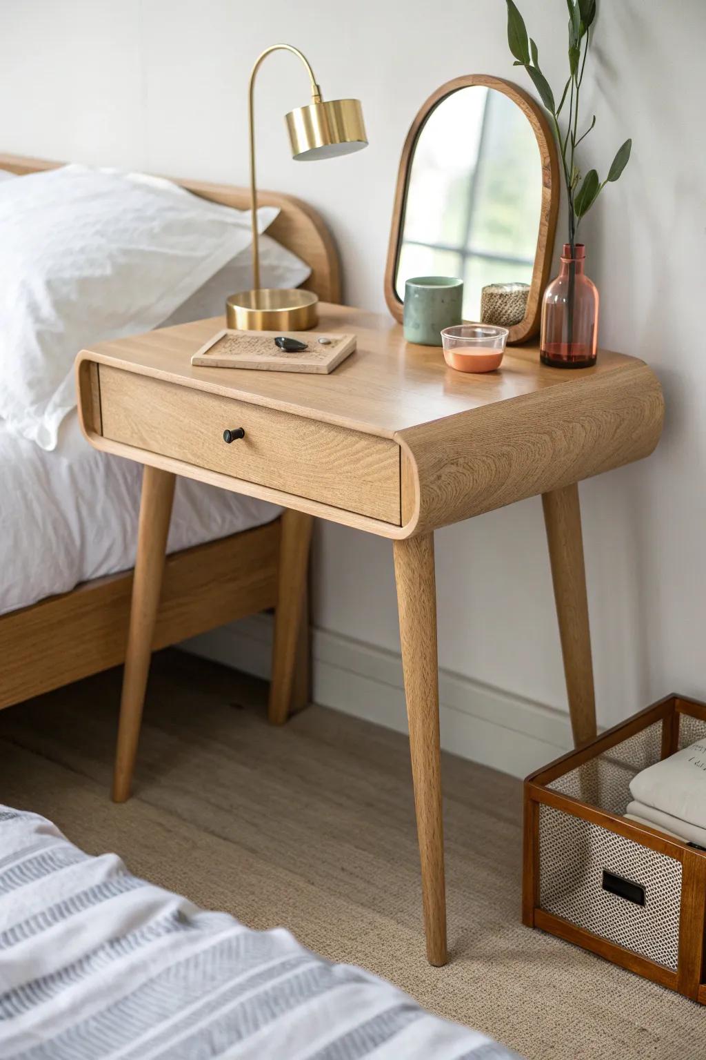 A mini bedside vanity-desk: mirror + catchall turn one surface into work and glow-up space.