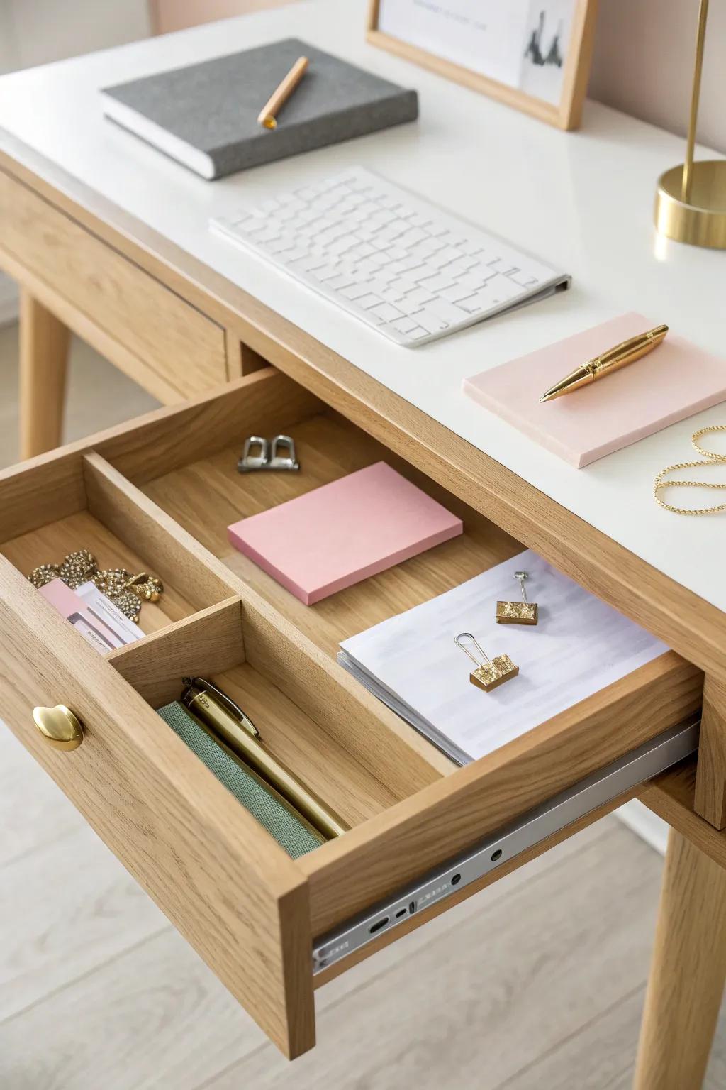 A sleek under-desk pull-out drawer keeps tiny essentials tidy—no desktop clutter required.