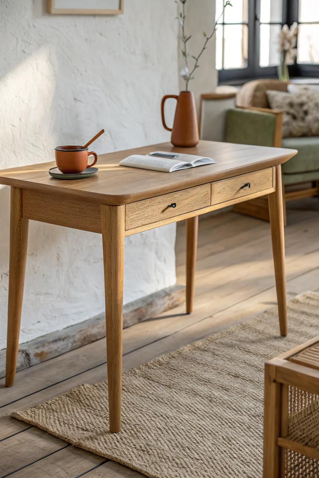 Match wood tones to your coffee table so the desk feels built-in, not an afterthought.