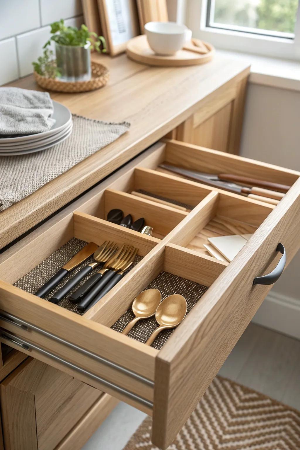 Drawer dividers create tidy zones for serving tools—no more digging when it’s time to host.