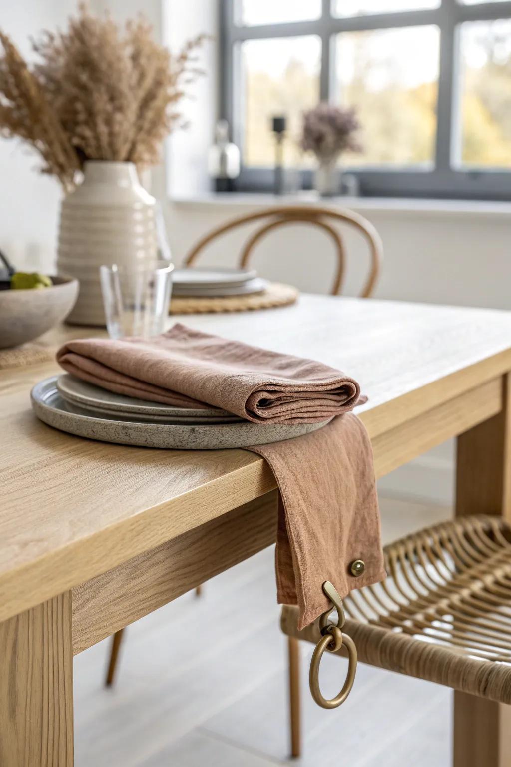 Hide a tiny under-table hook to keep napkins close and your dining surface clutter-free.