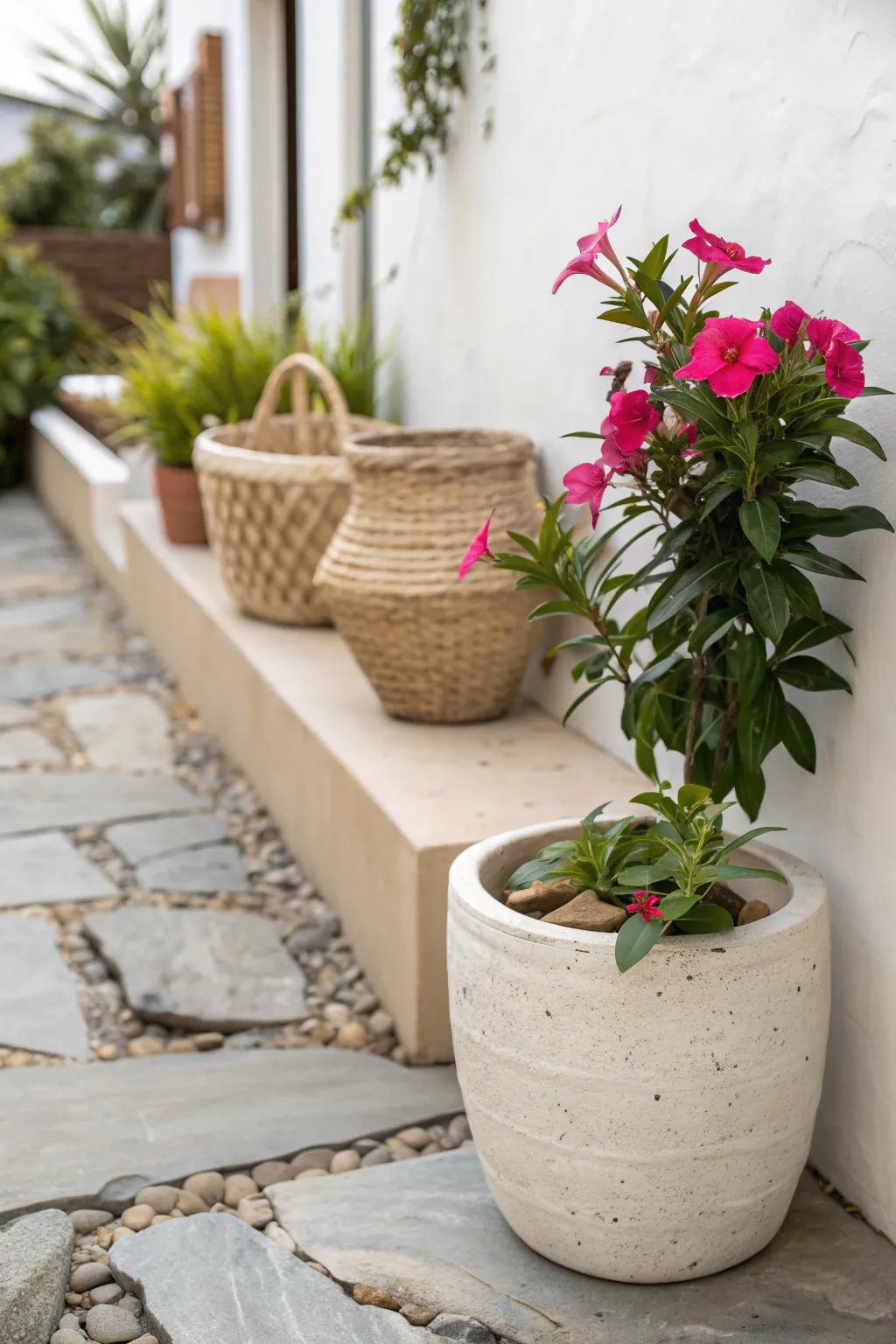 Stone-pathway dipladenia pots: three shapes, one bloom color, tiny patio magic, big style.