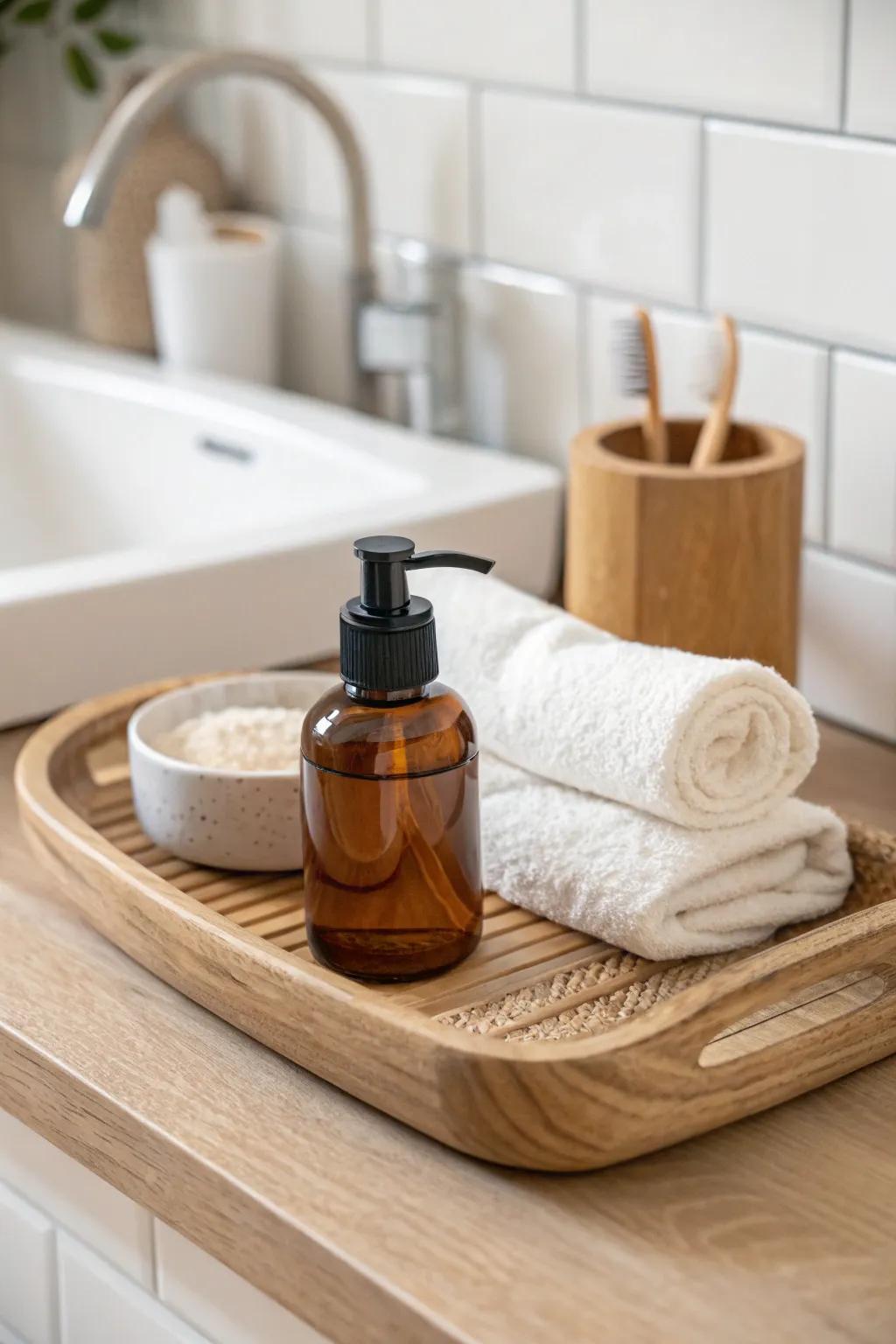 A tiny oak vanity tray turns everyday essentials into a chic, clutter-free decor moment.