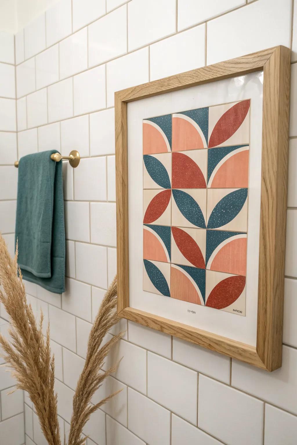 A moisture-safe framed print adds instant personality—perfect for a tiny bathroom mini gallery wall.