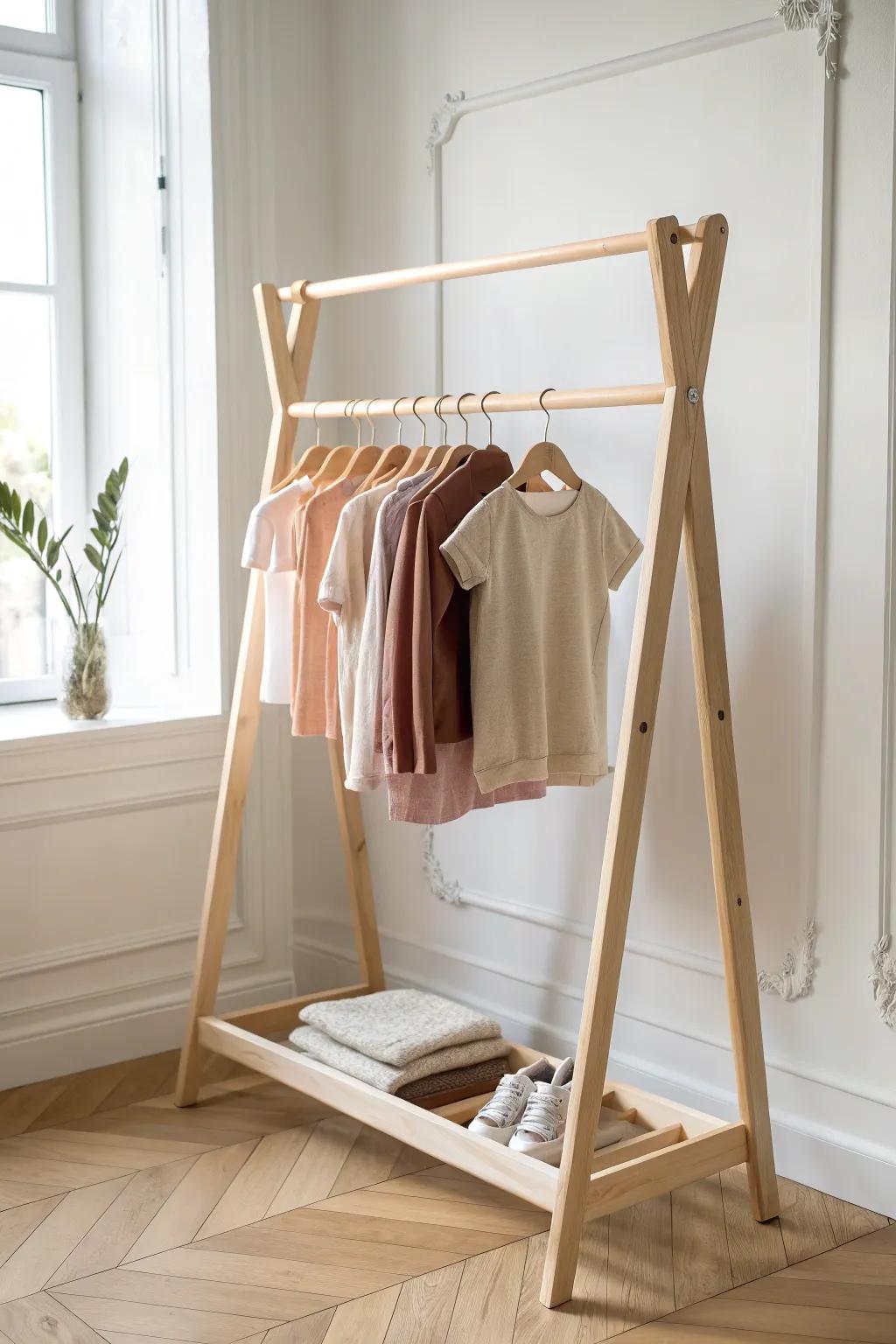 A sweet kid-height nursery clothes rack—minimal birch wood with a bold mustard pop.