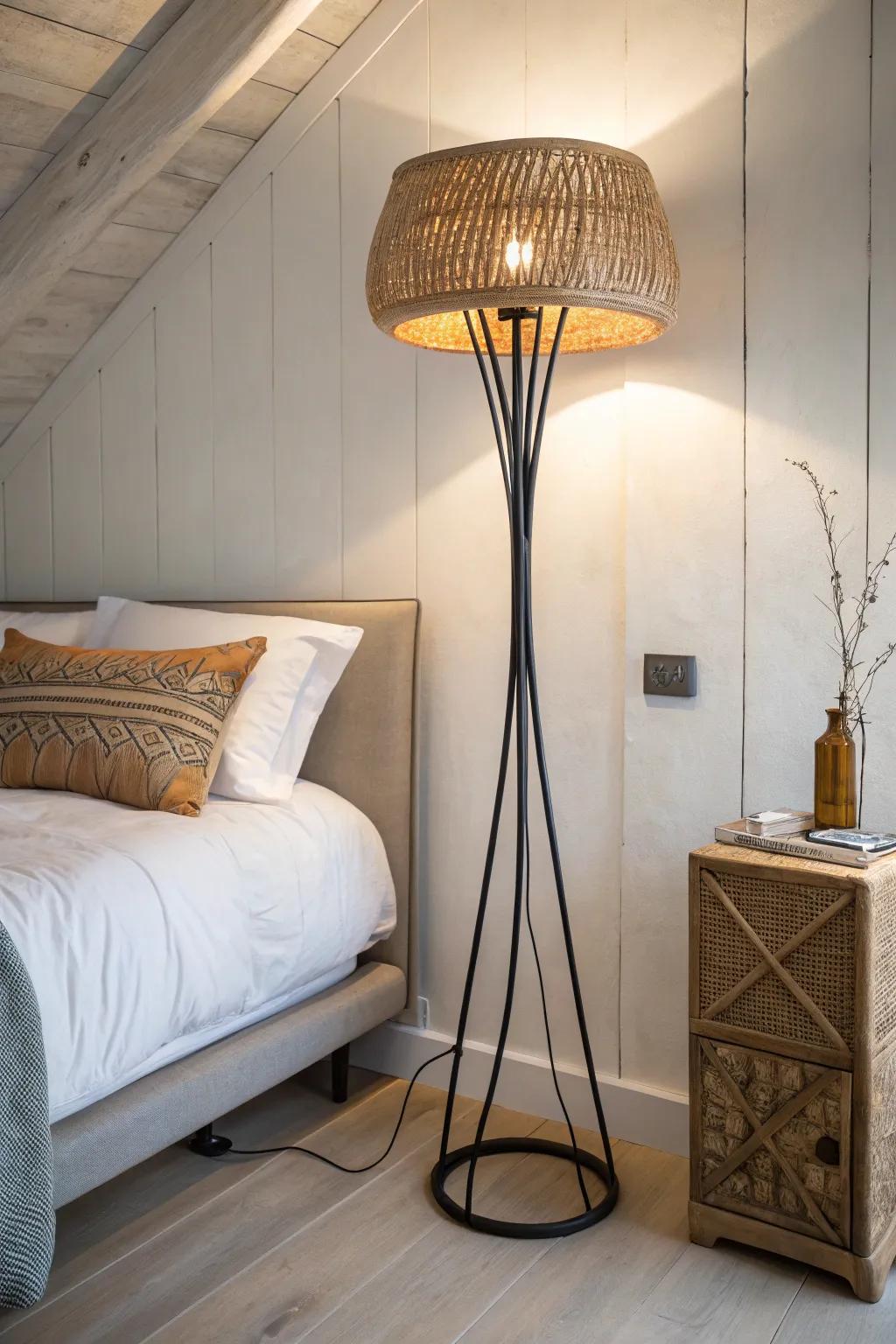 Fill that awkward corner: a tall woven floor lamp adds warm glow to a diagonal corner bed.