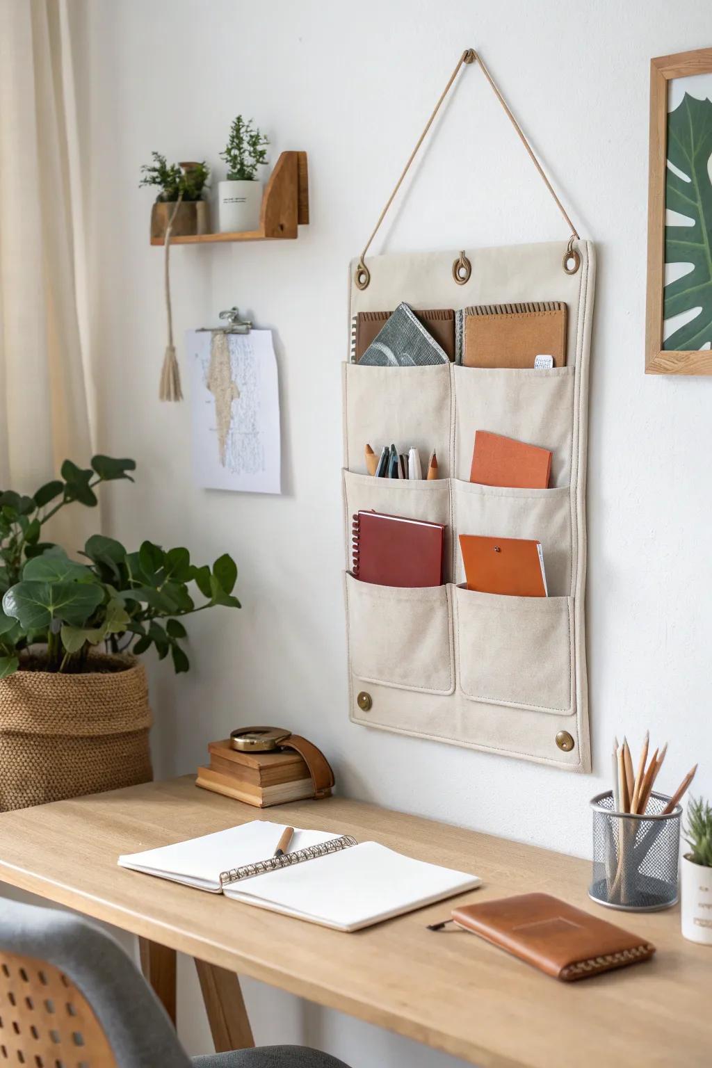 DIY wall pocket station: vertical storage for mail & notebooks—clear desk, big style.