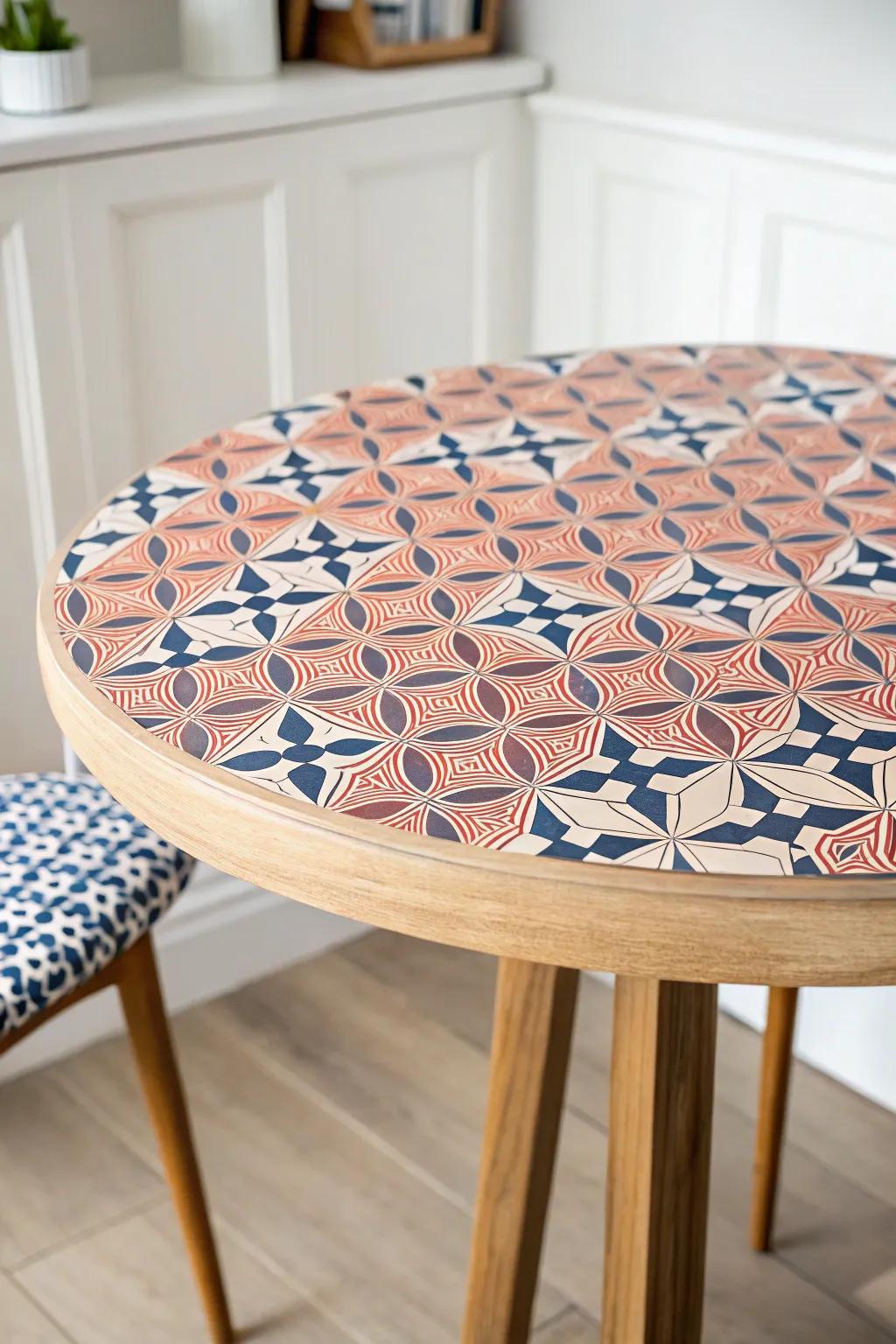 Wallpaper the top, seal it smooth—an instant bold dining table makeover with wipeable style.