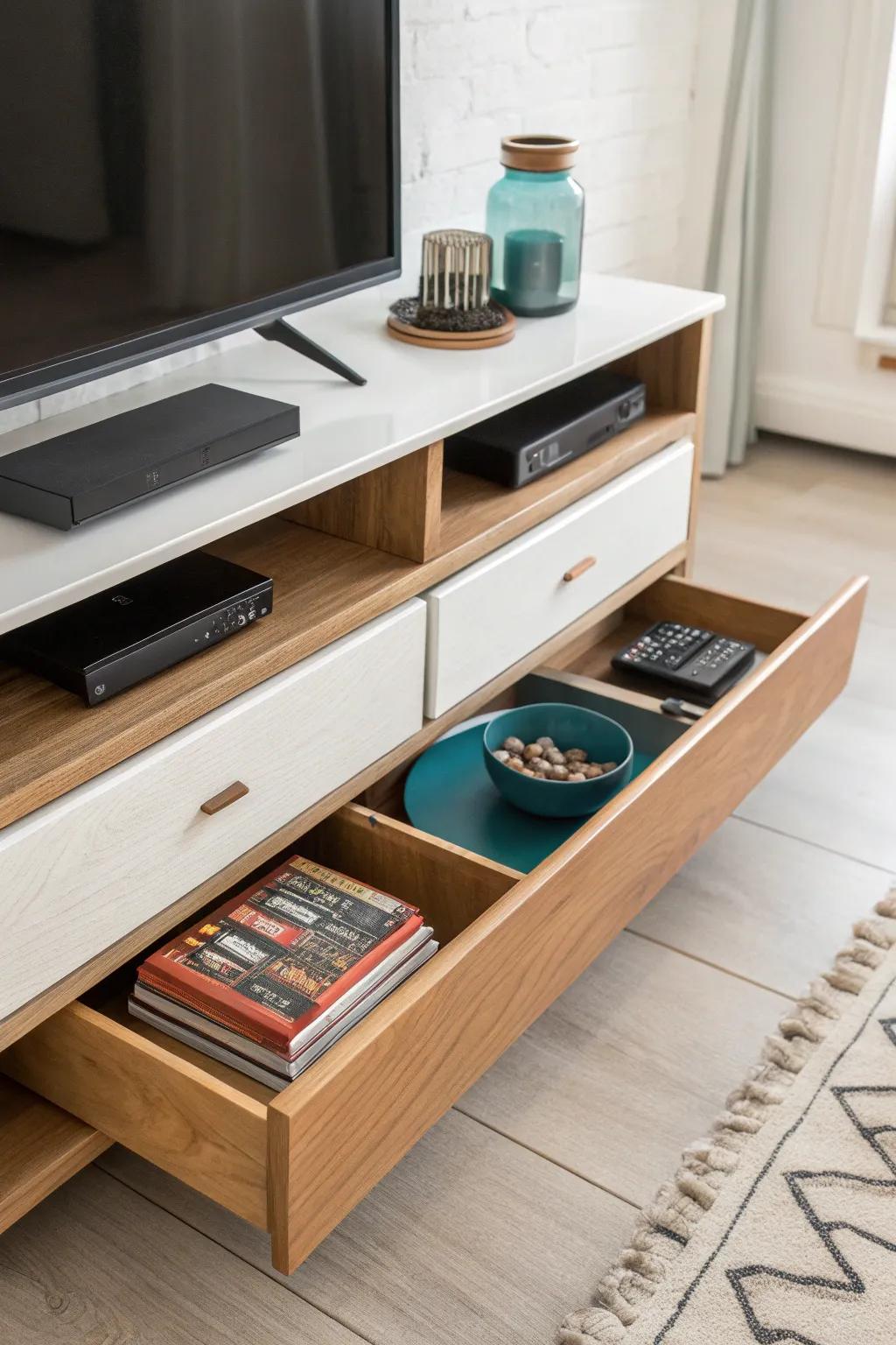 A slide-out media drawer keeps controllers, discs, and batteries tidy—no extra bins needed.