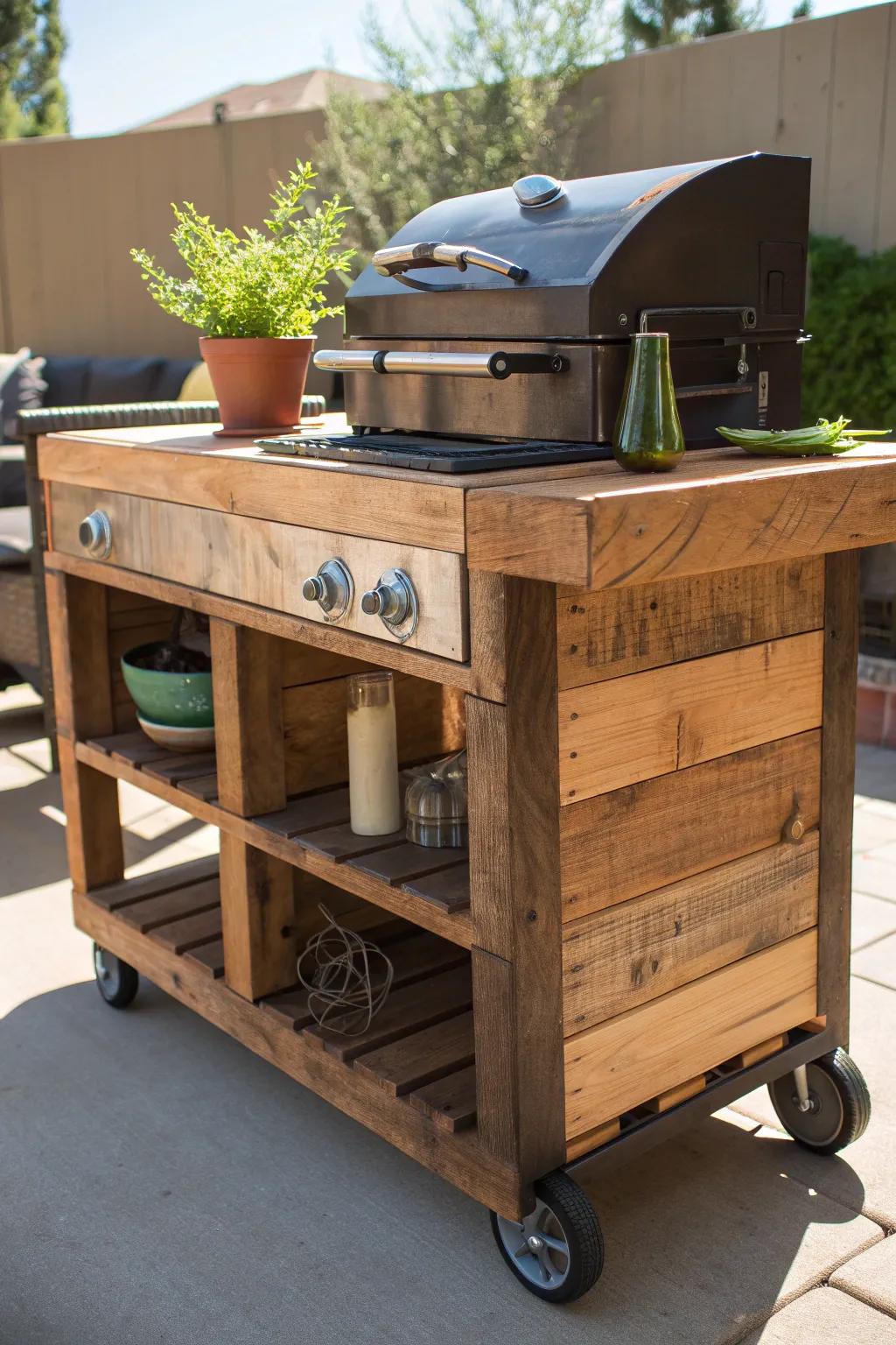 Transform old pallets into a stylish grill cart centerpiece with rustic charm and practical design.