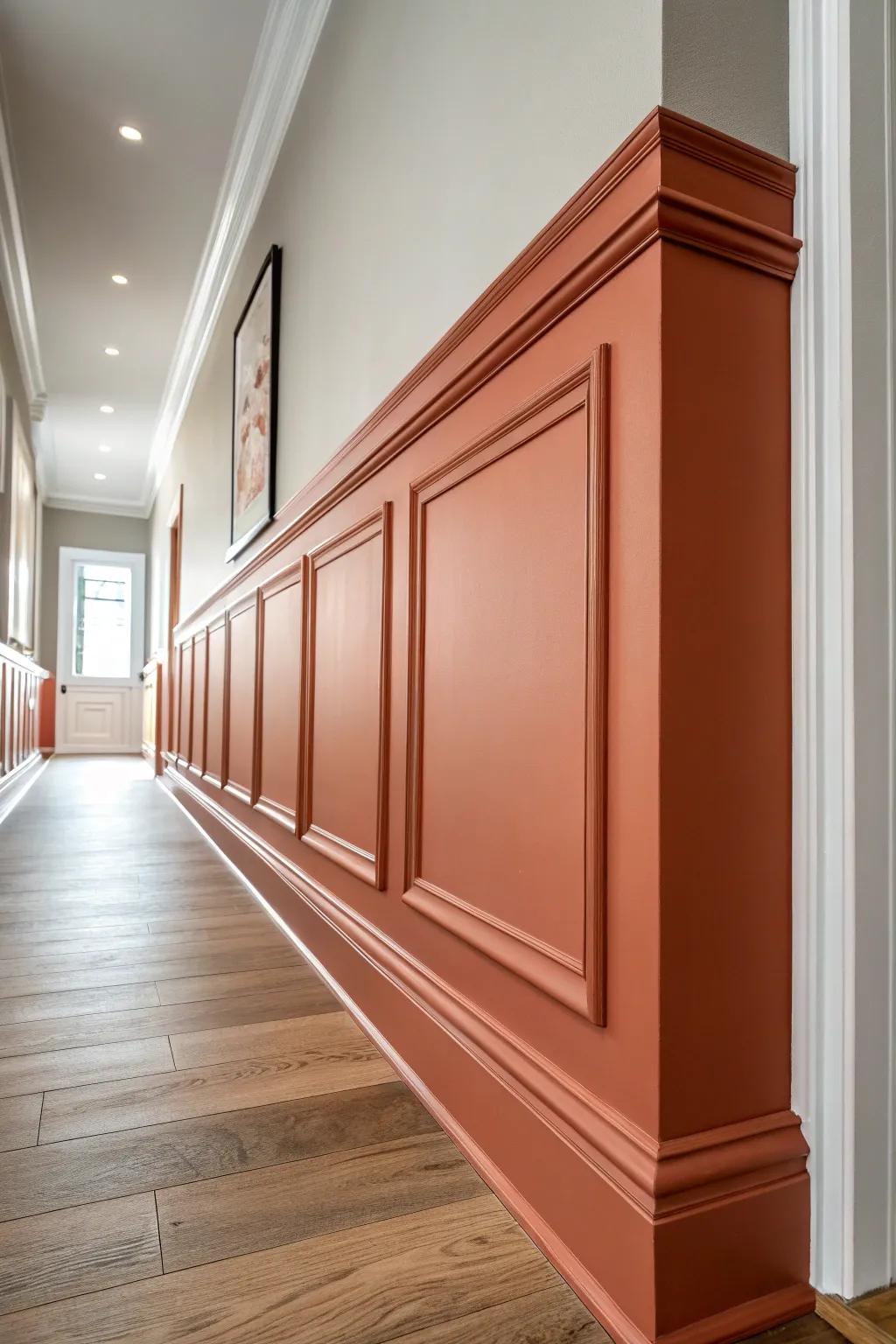DIY picture-frame wall molding adds built-in elegance—same-color paint, big impact in small halls.