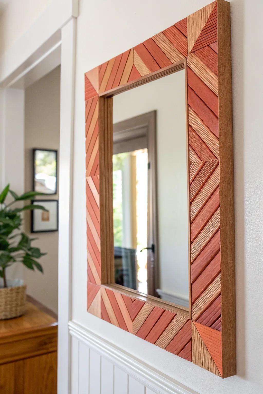Budget DIY mirror frame refresh: craft wood strips + bold paint for a bright small hallway