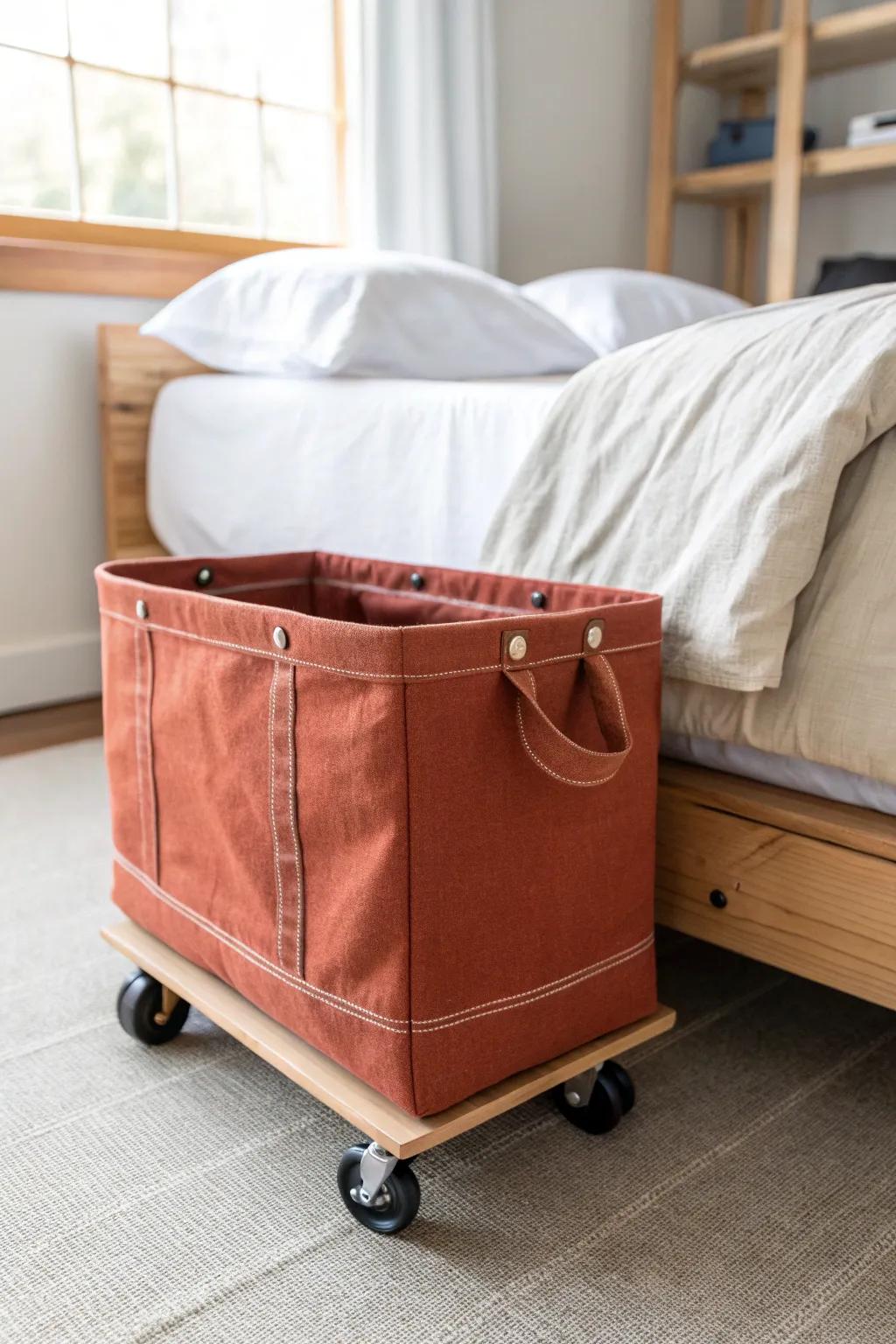 DIY rolling bin on casters—an under-bed “drawer” hack for tiny bedrooms on a budget.