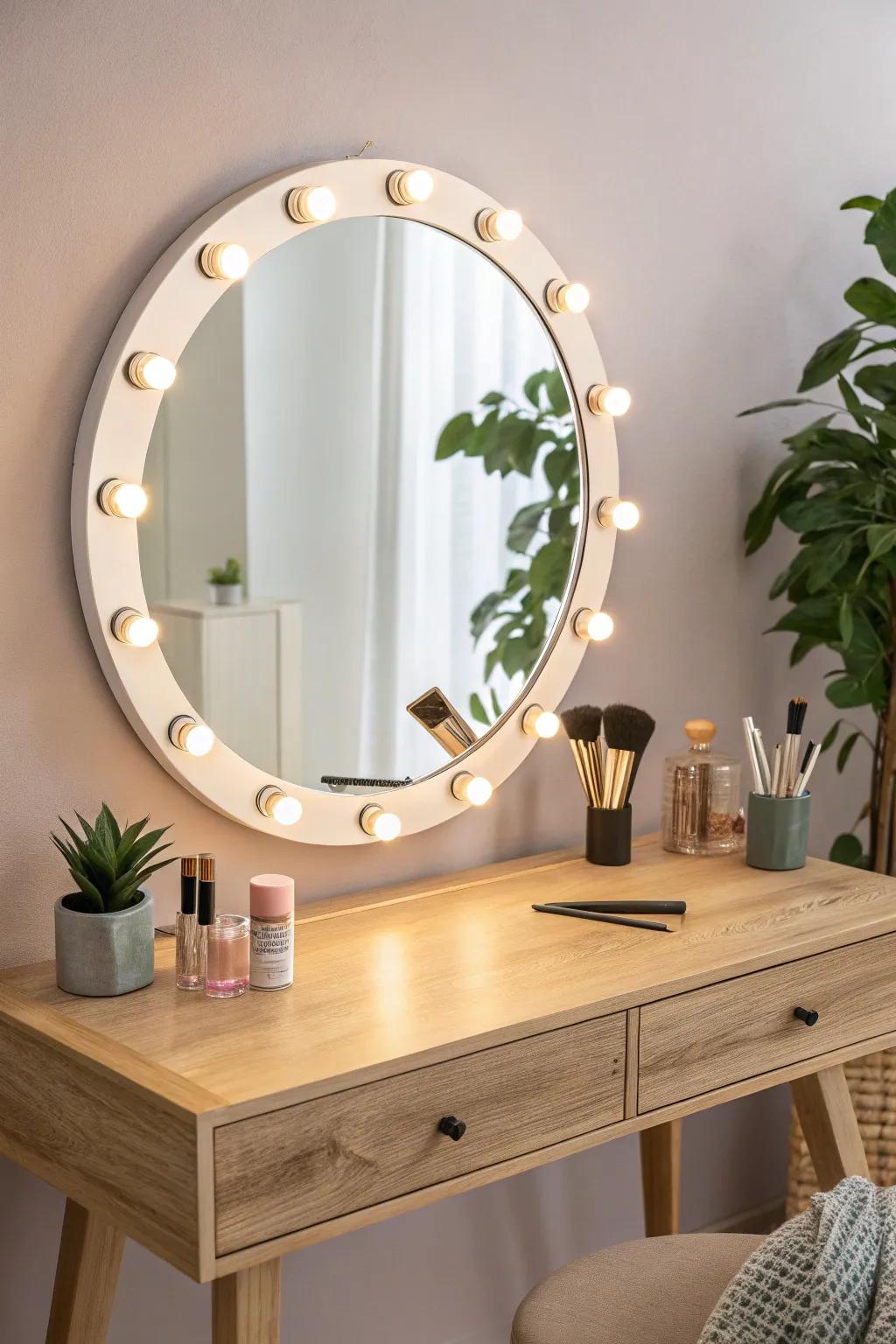 Transform your beauty routine with a stunning illuminated mirror setup that exudes elegance and simplicity.