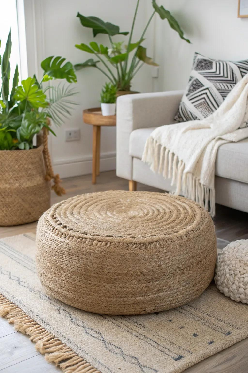 Elevate your space with this DIY jute placemat ottoman, blending nature and minimalism effortlessly.