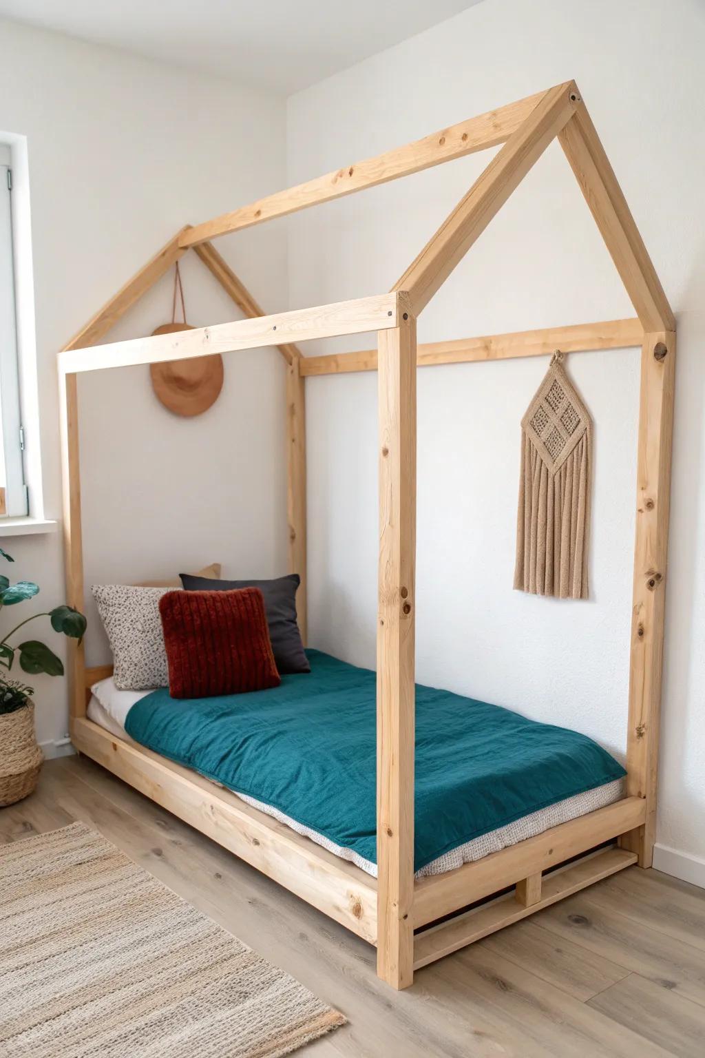 DIY house-style pallet bed: a tiny-room sleep fort with Scandinavian calm + boho warmth.