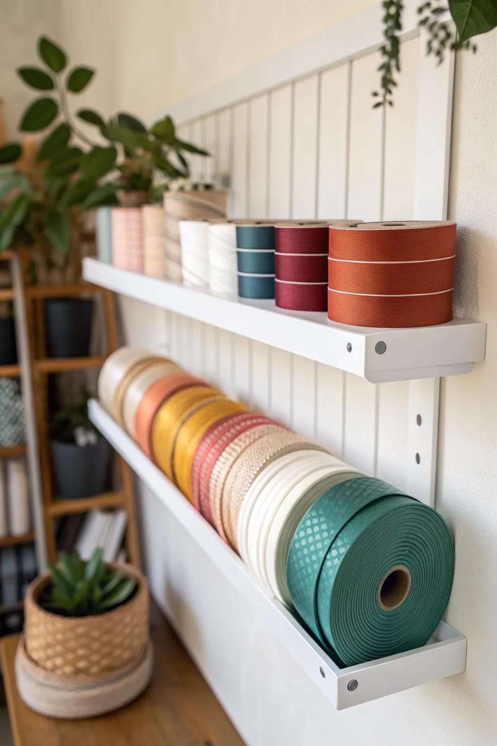 DIY wall-mounted gutter shelf turns ribbon spools into colorful, space-saving storage.