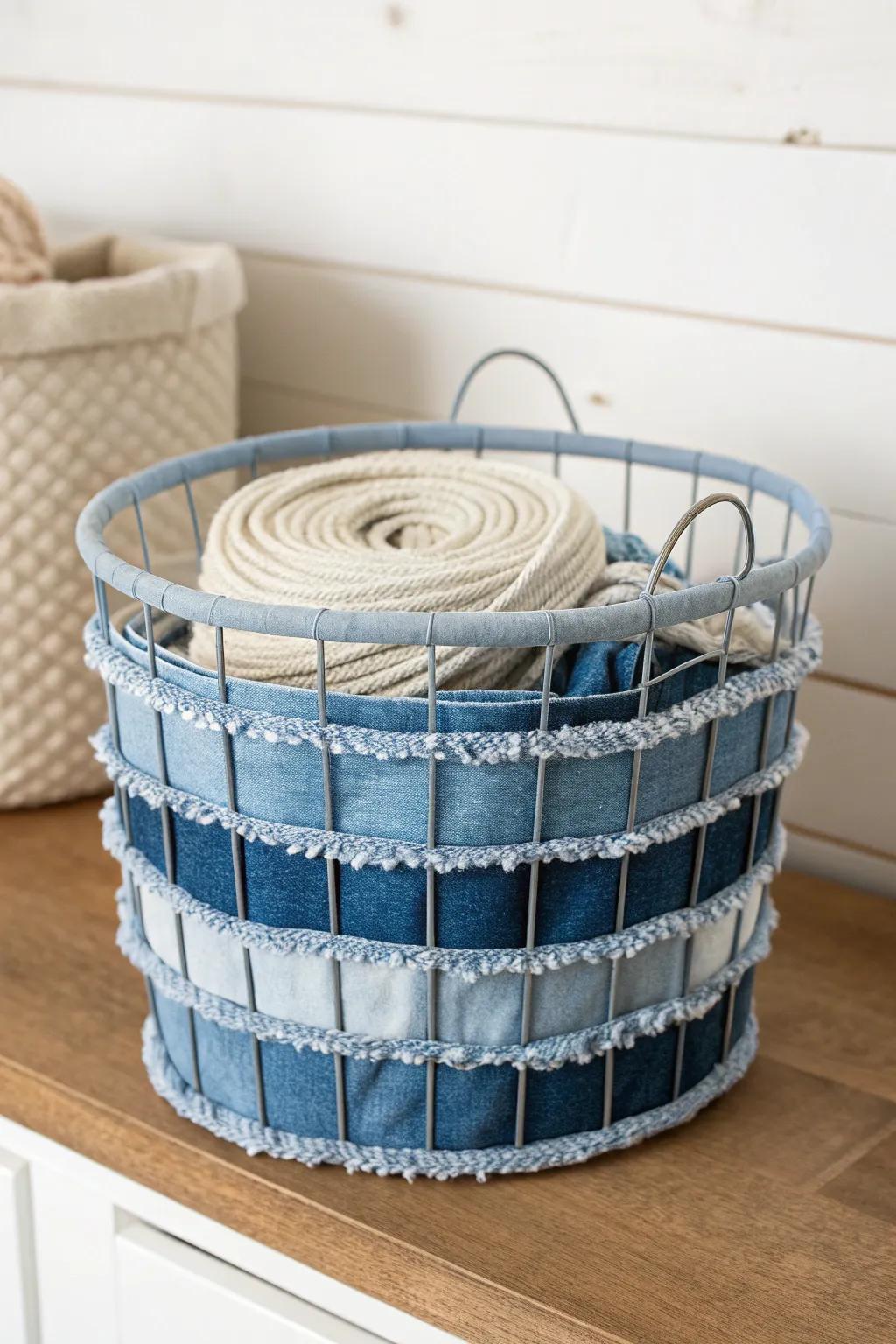 Upcycle denim strips into a chic woven insert—soft, sturdy storage for cords in small spaces.