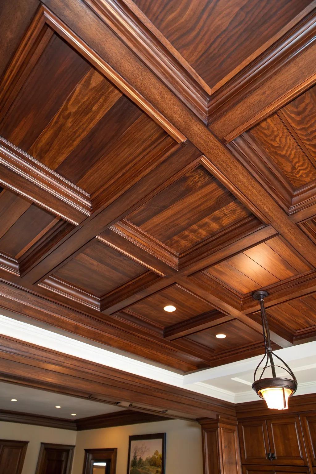 Elevate your space with the timeless elegance of stained mahogany wood ceilings.
