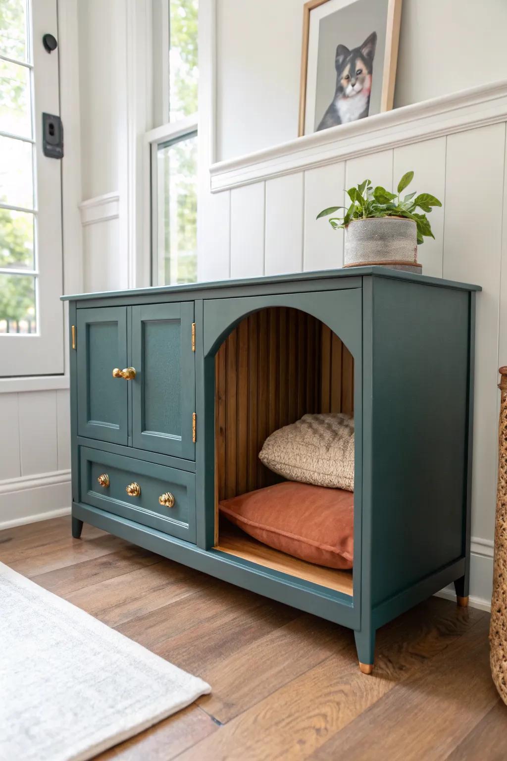Sideboard makeover: a chic arched dog nook that saves space while keeping storage on top.