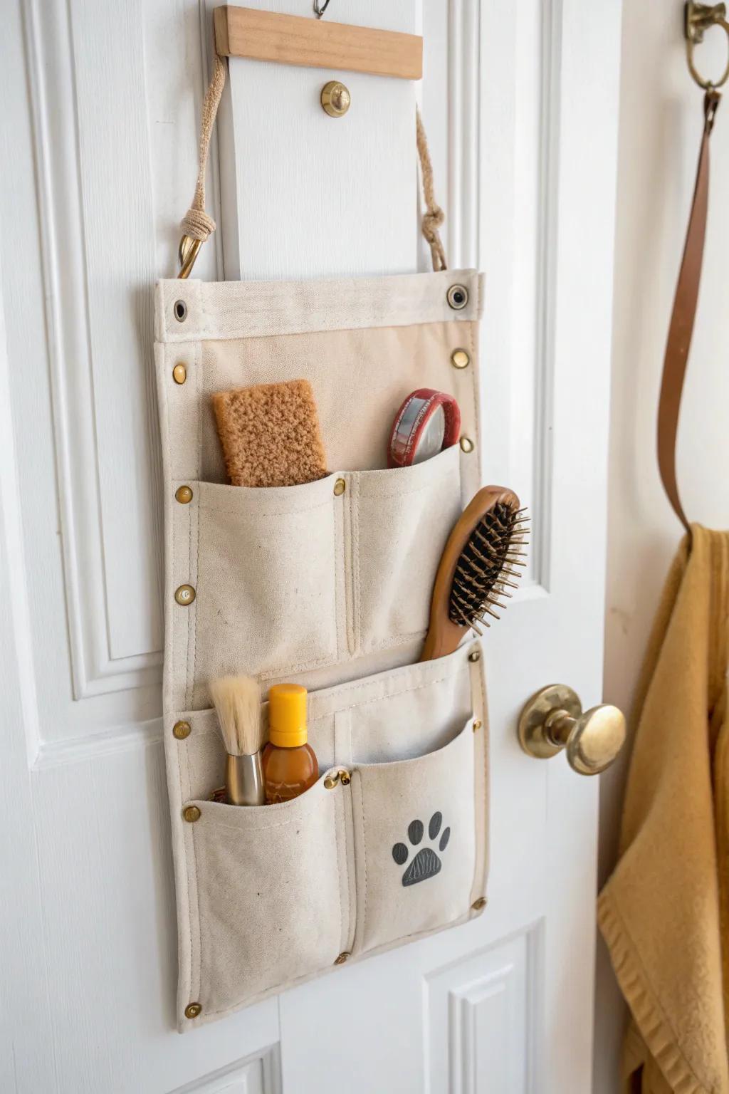 Over-the-door organizer keeps treats, brush & paw balm tidy—perfect for tiny spaces.
