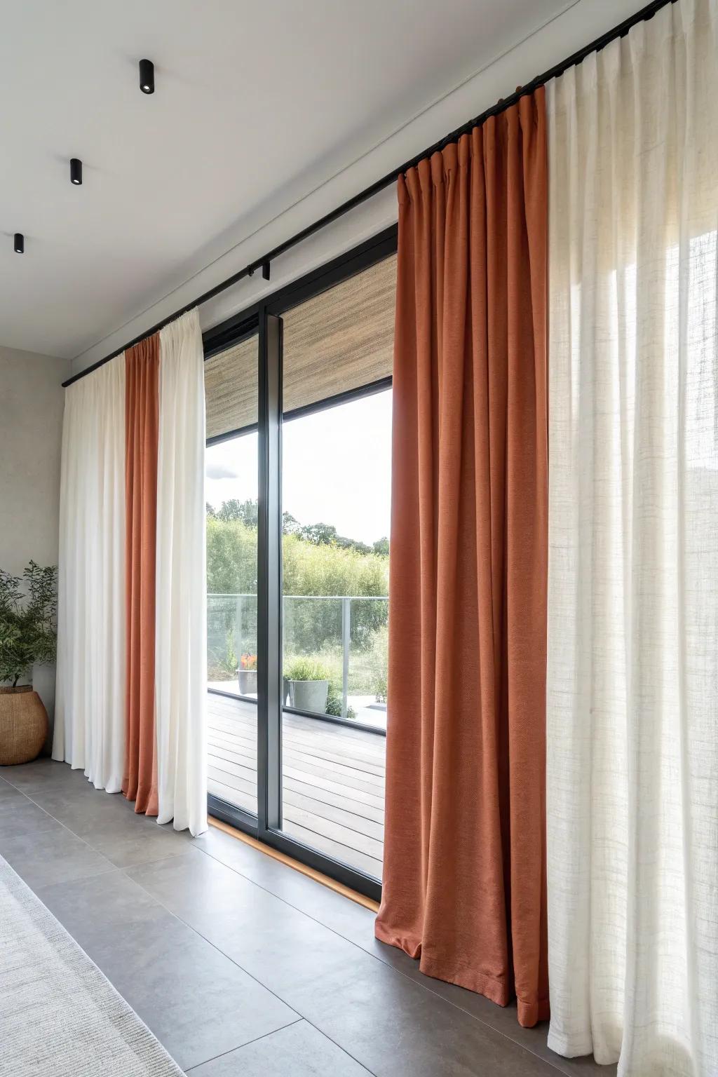 Sleek panel-track curtains glide smoothly—perfect for calming, modern sliding glass doors.