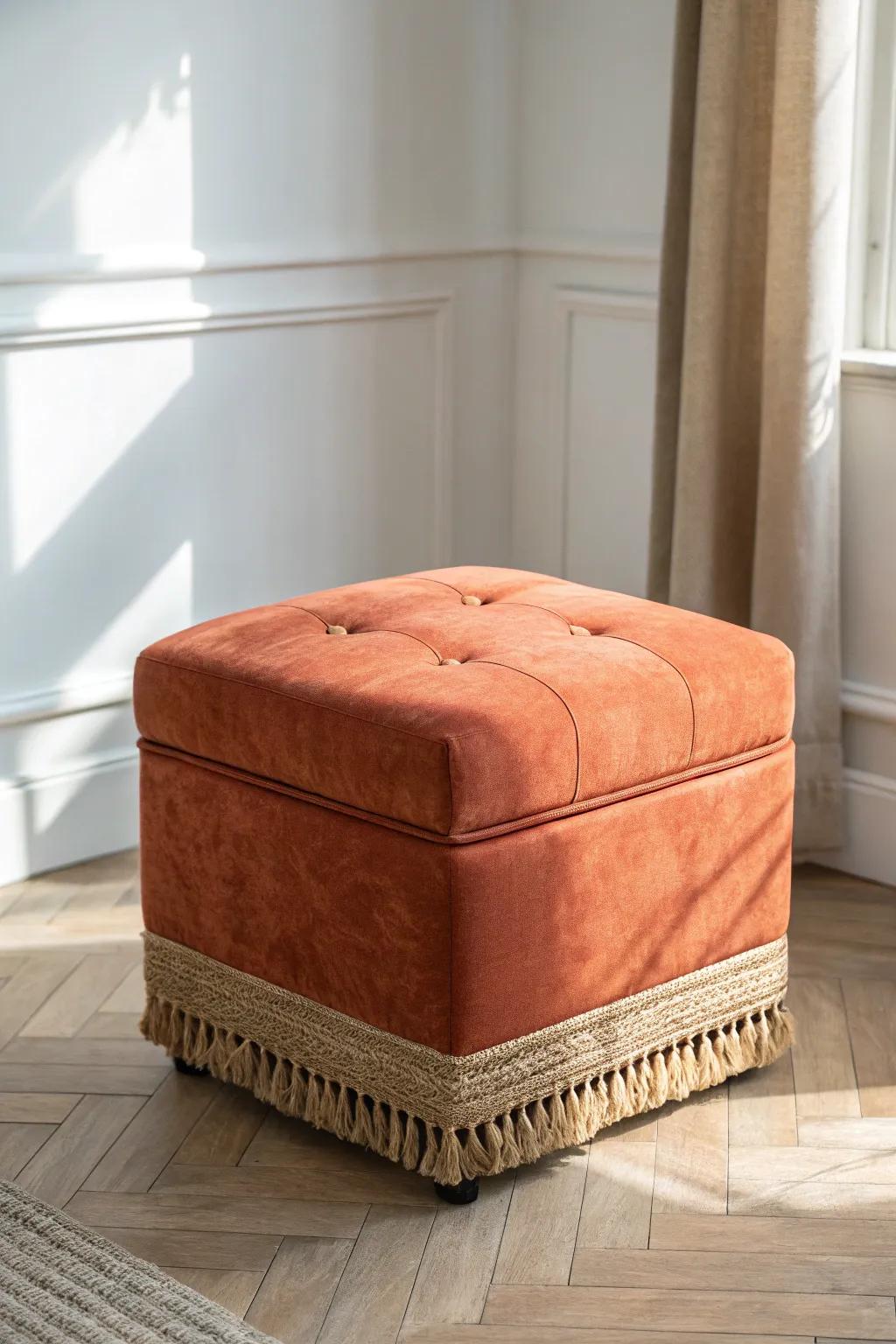A chic terracotta storage ottoman—extra seating plus hidden stash space for dorm essentials.